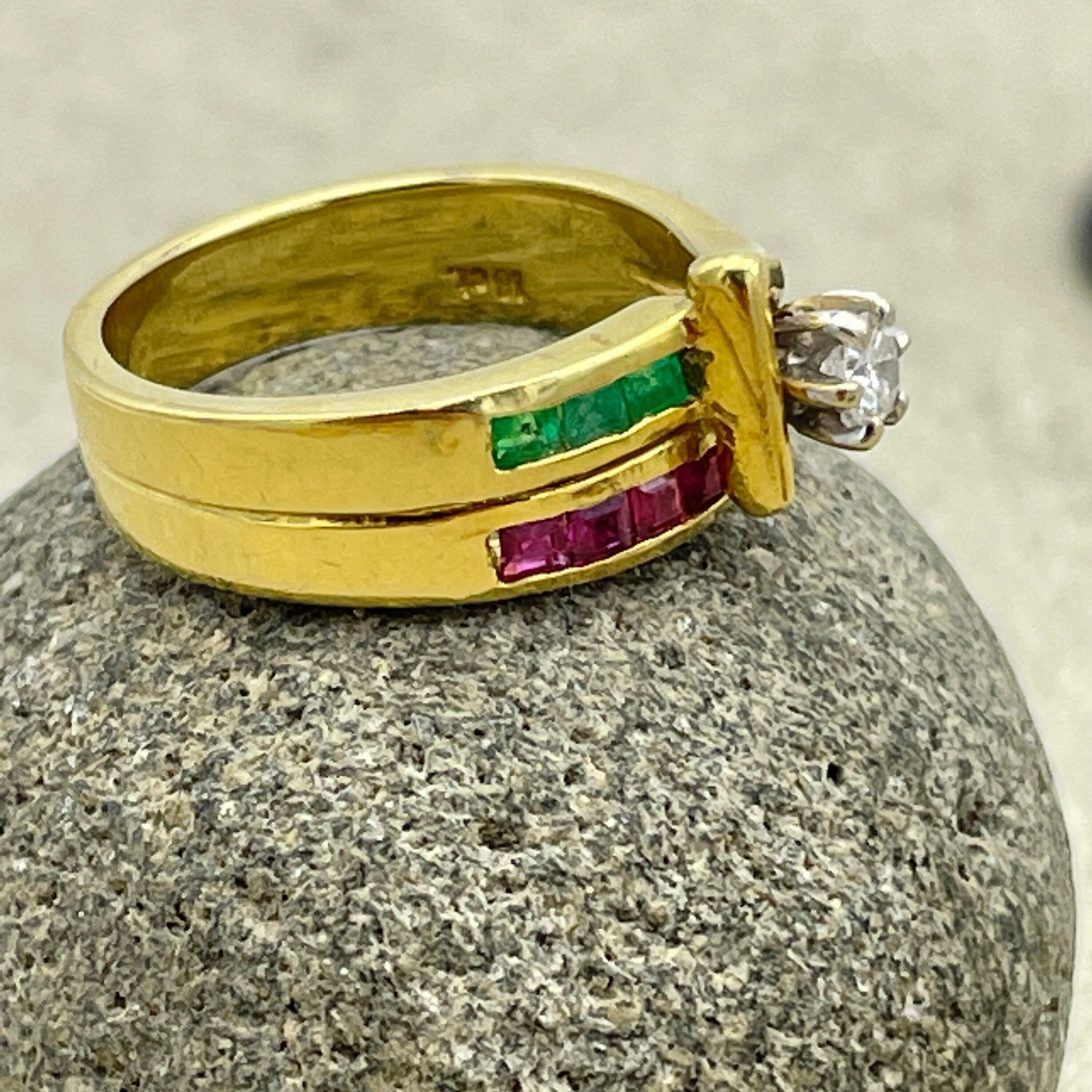 Vintage diamond, emerald and ruby 18ct gold ring, modernist style c1950s/60s