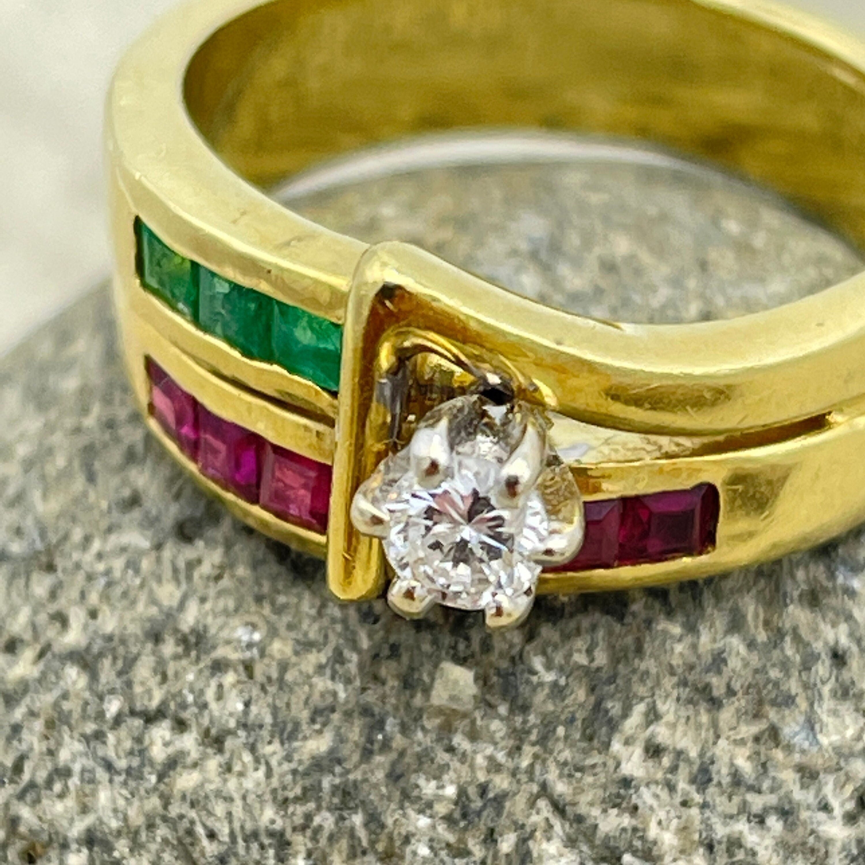 Vintage diamond, emerald and ruby 18ct gold ring, modernist style c1950s/60s