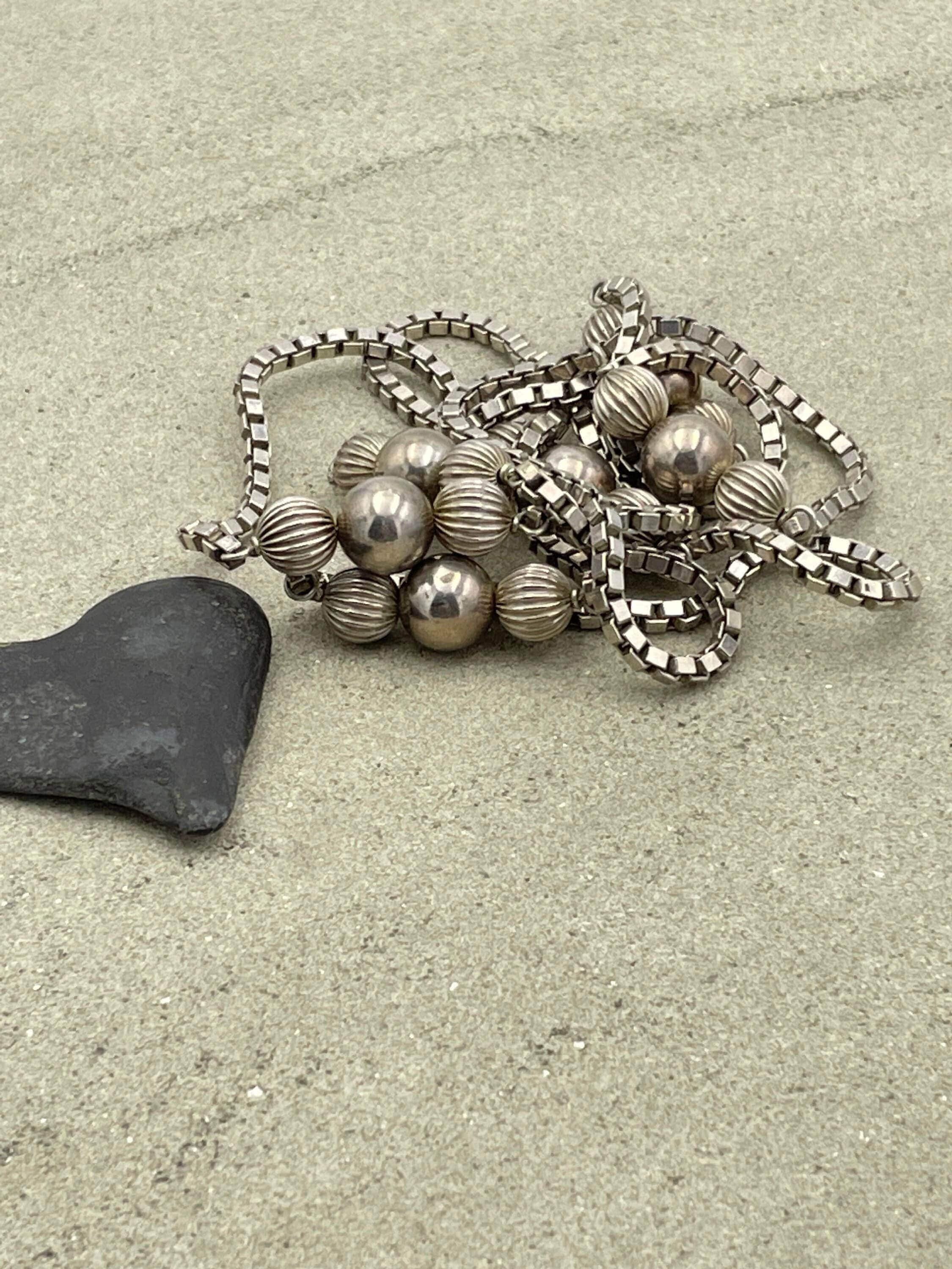Art Deco 830 Silver, Reeded Ball, Box Link Chain Flapper Necklace