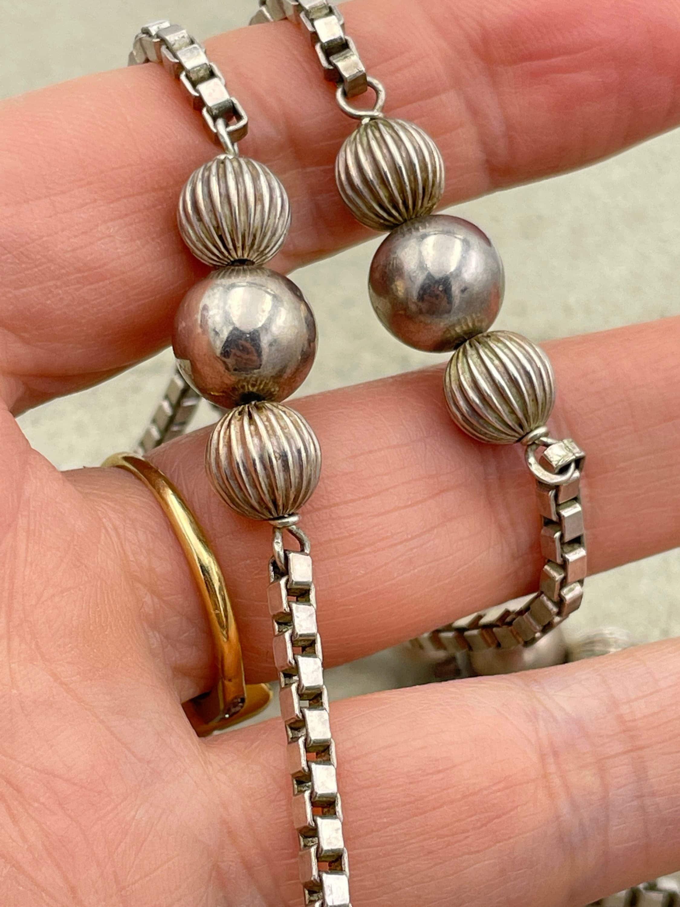 Art Deco 830 Silver, Reeded Ball, Box Link Chain Flapper Necklace