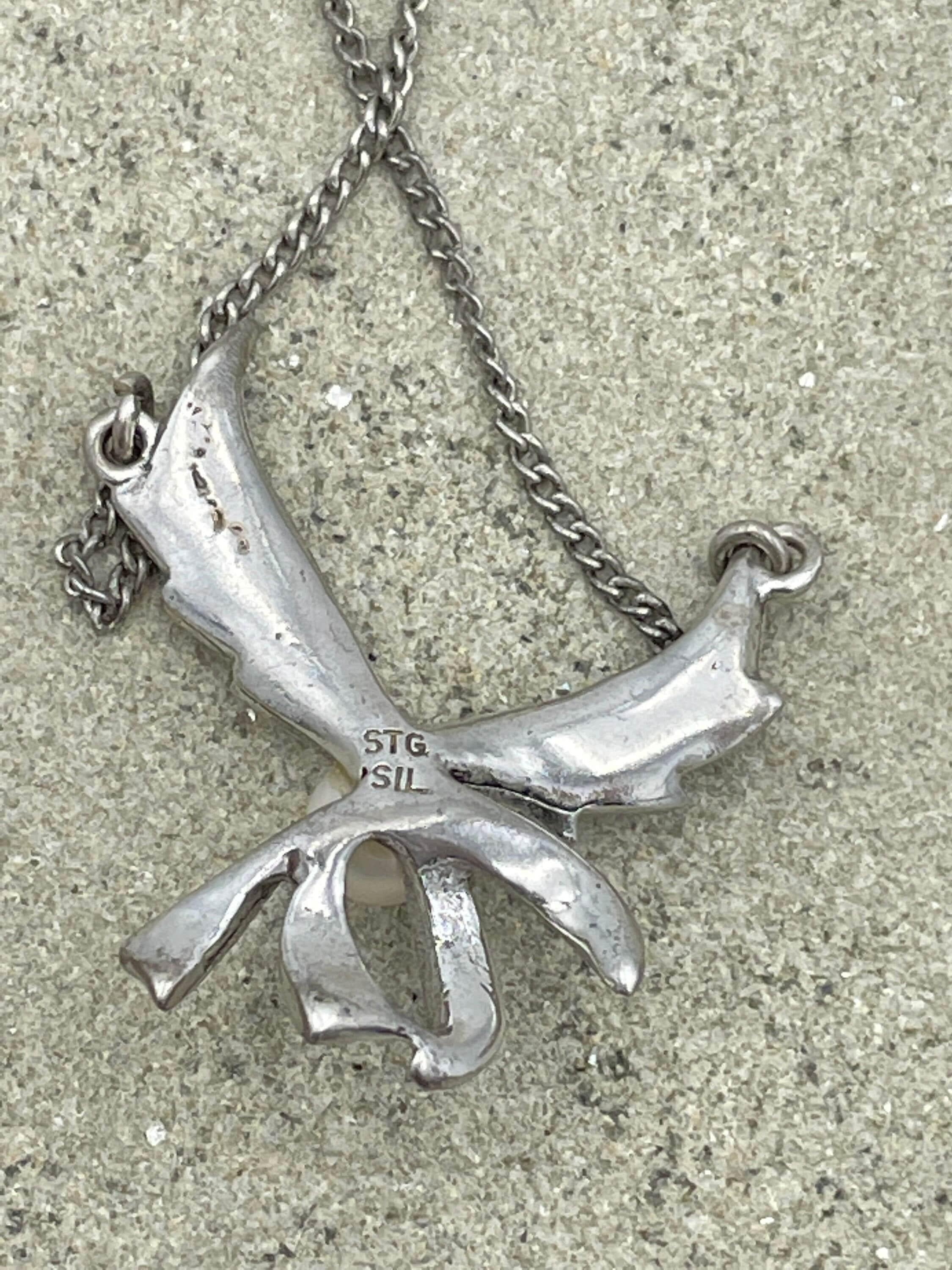Vintage sterling silver marcasite and cultured pearl pendant chain necklace c1950s