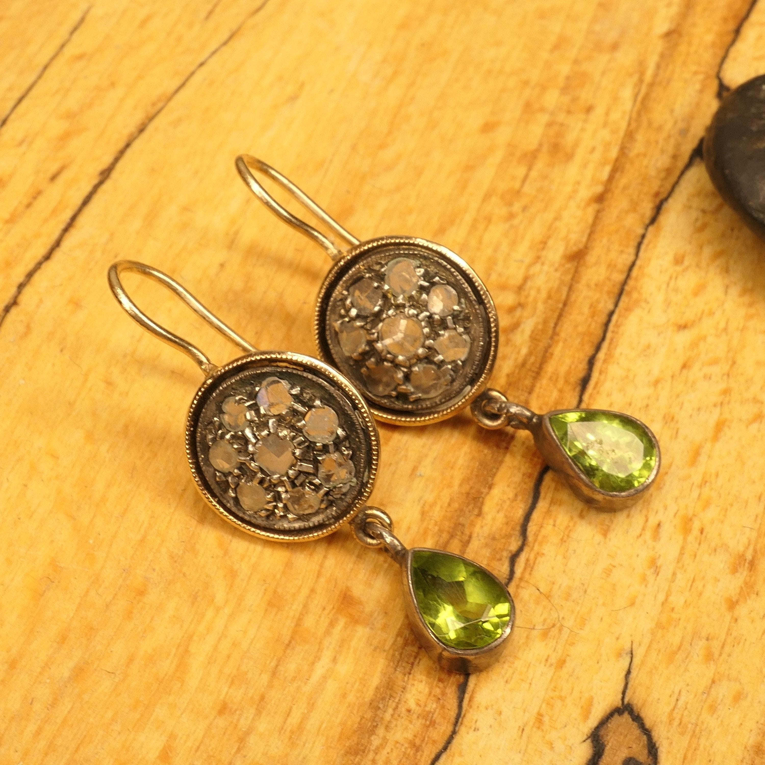 Victorian, Rose Cut Diamond, Peridot, 9ct Gold & Silver Drop Earrings