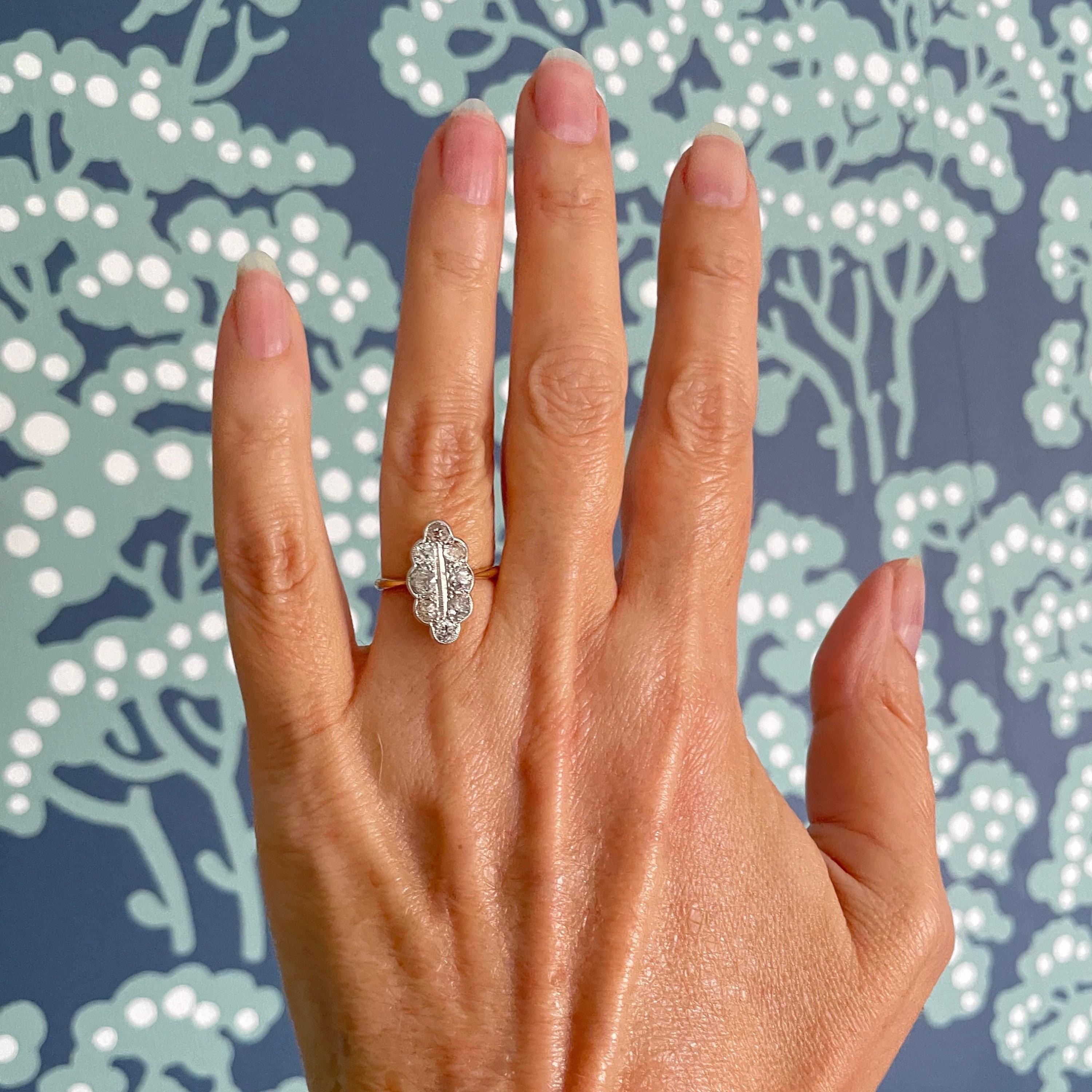 Edwardian 18ct gold platinum old cut diamond navette ring