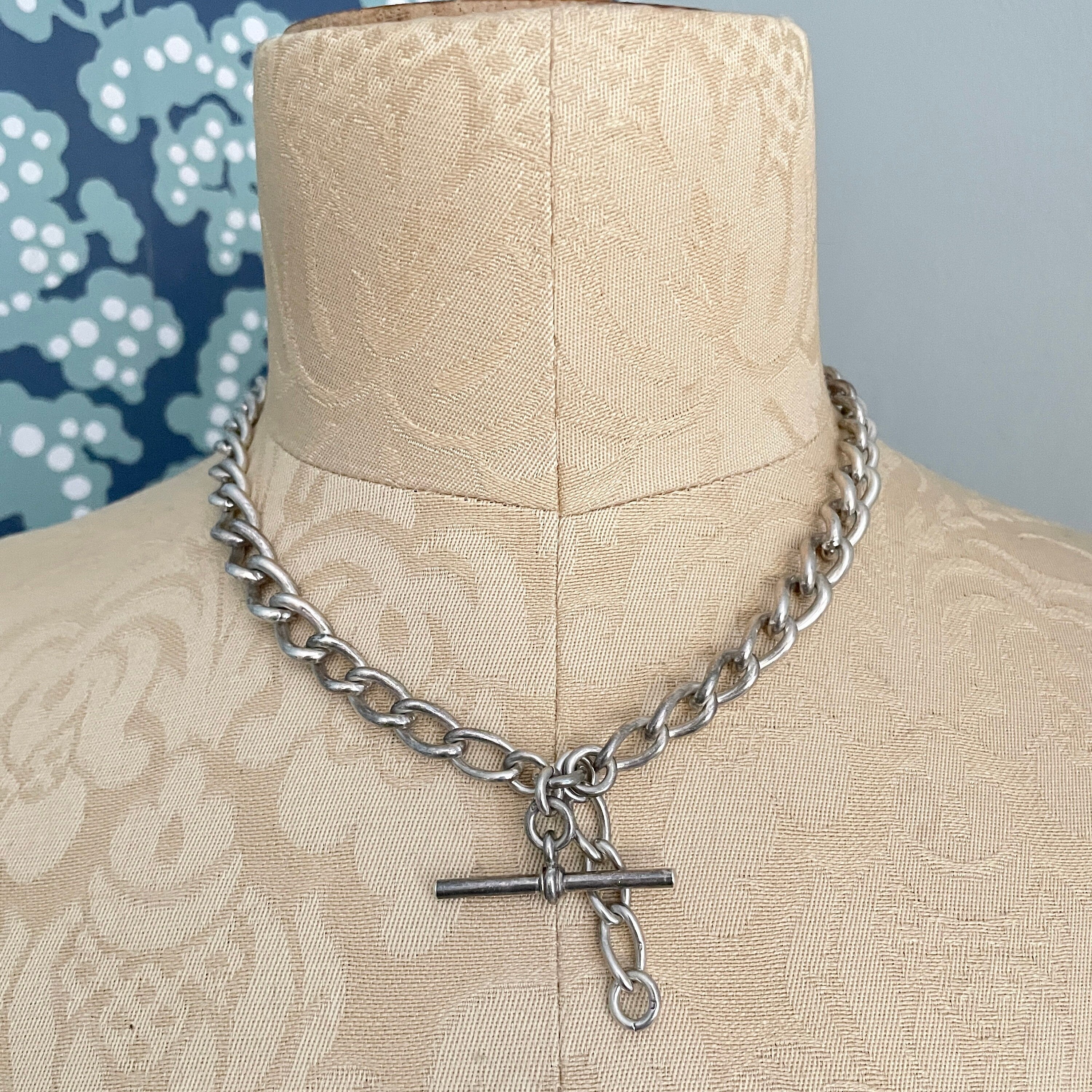 Antique, Heavy, Sterling Silver, Double Albert watch chain, Curb links