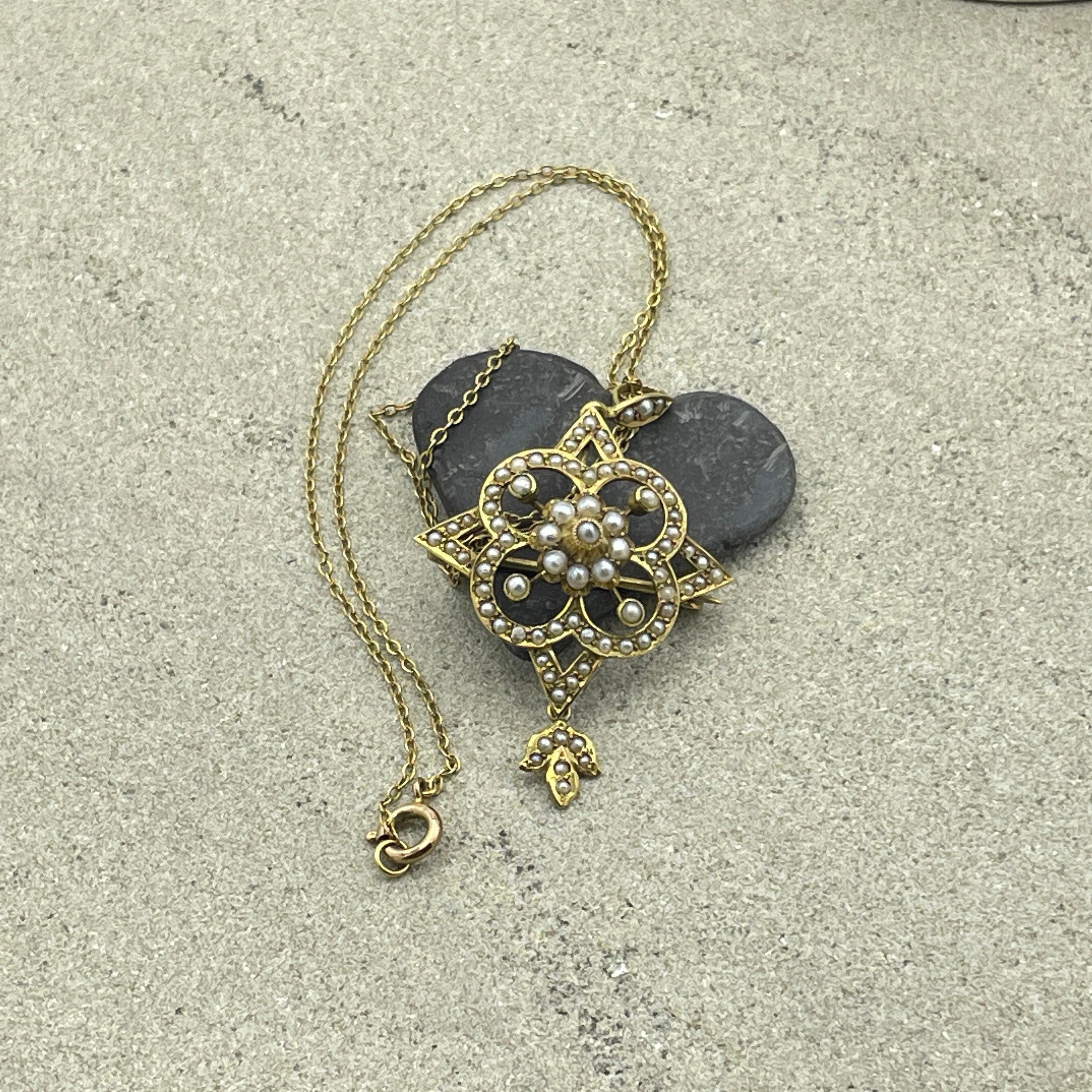 Edwardian 9ct gold seed pearl pendant on chain