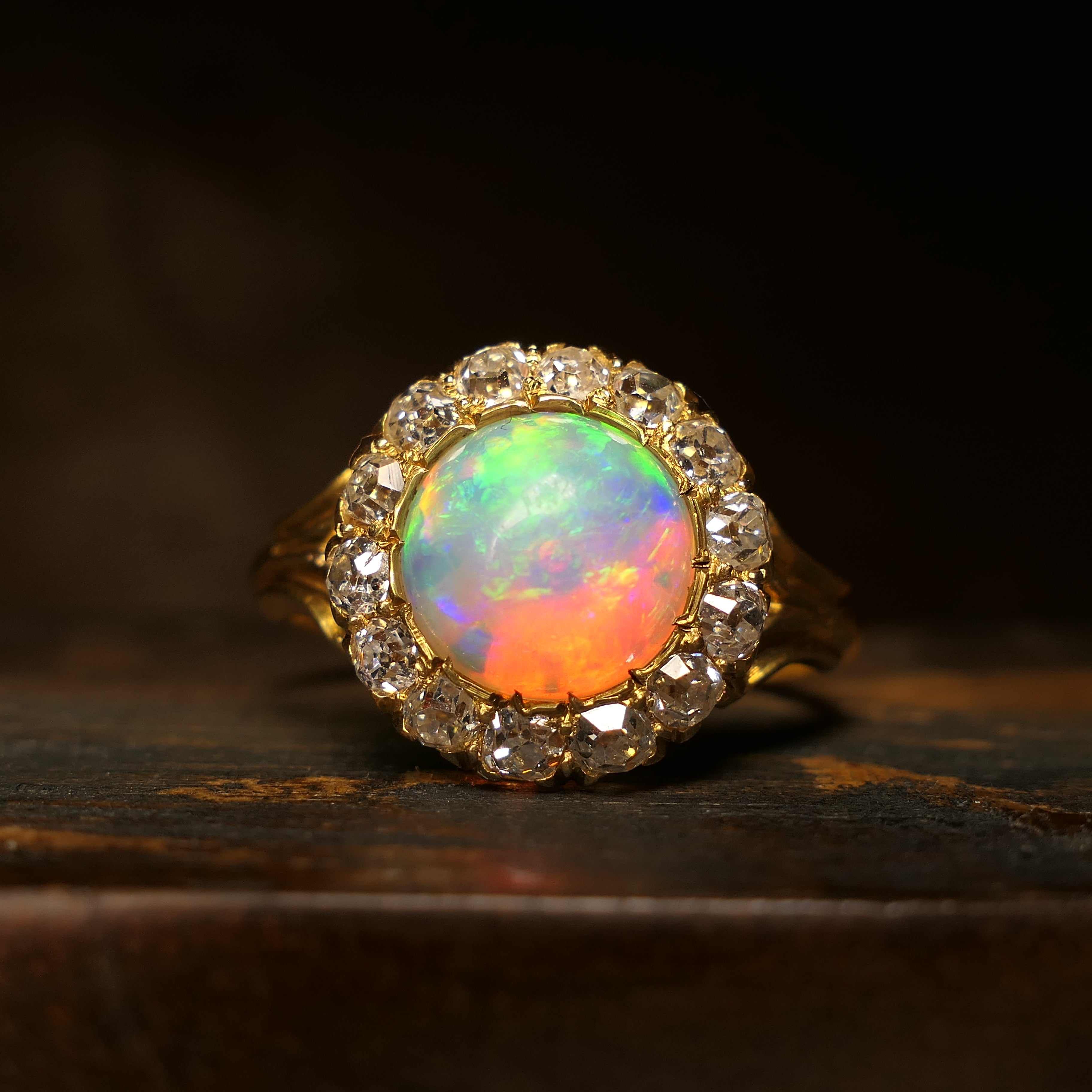 Antique, Opal & Old Cut Diamond, 18ct Gold, Cluster Ring
