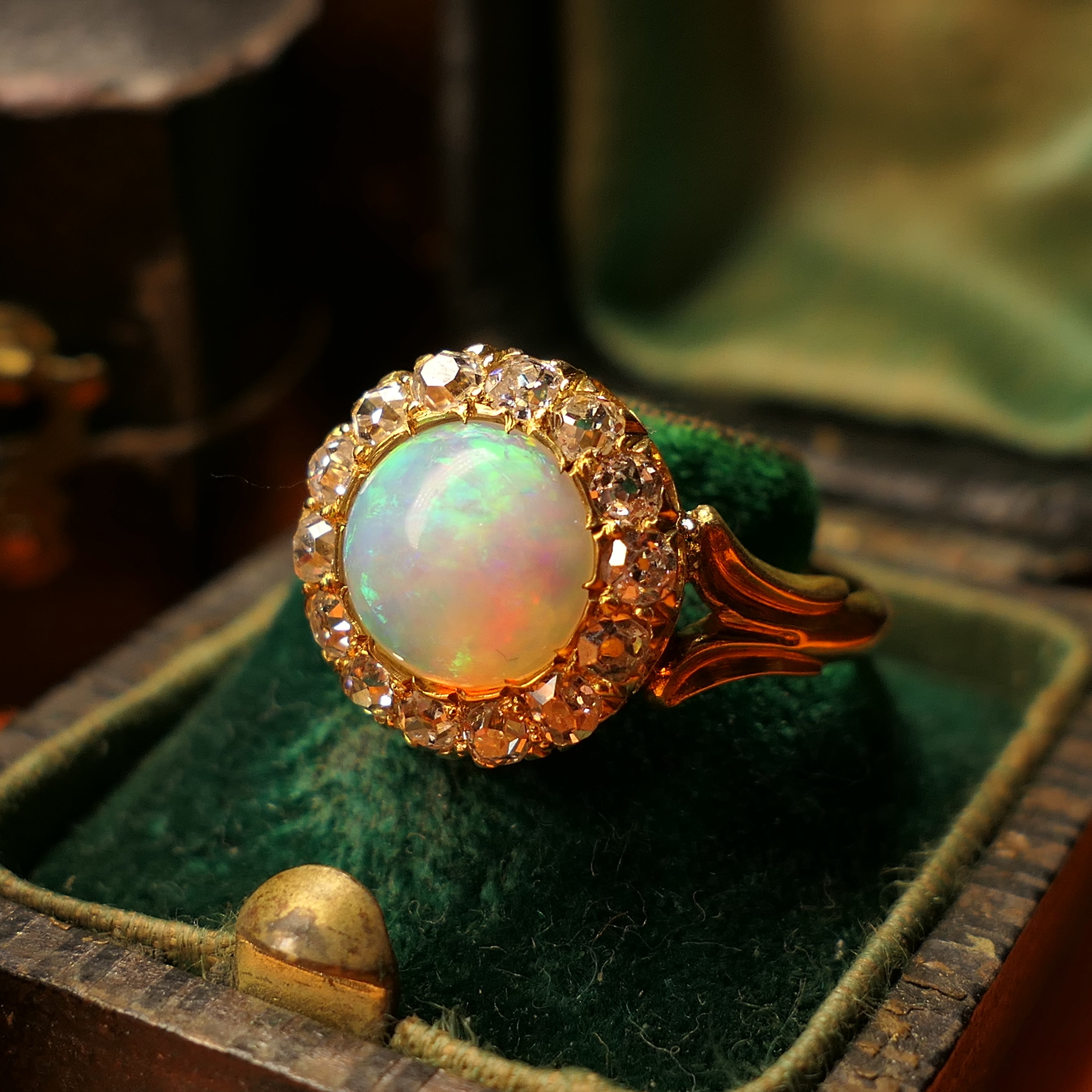 Antique, Opal & Old Cut Diamond, 18ct Gold, Cluster Ring