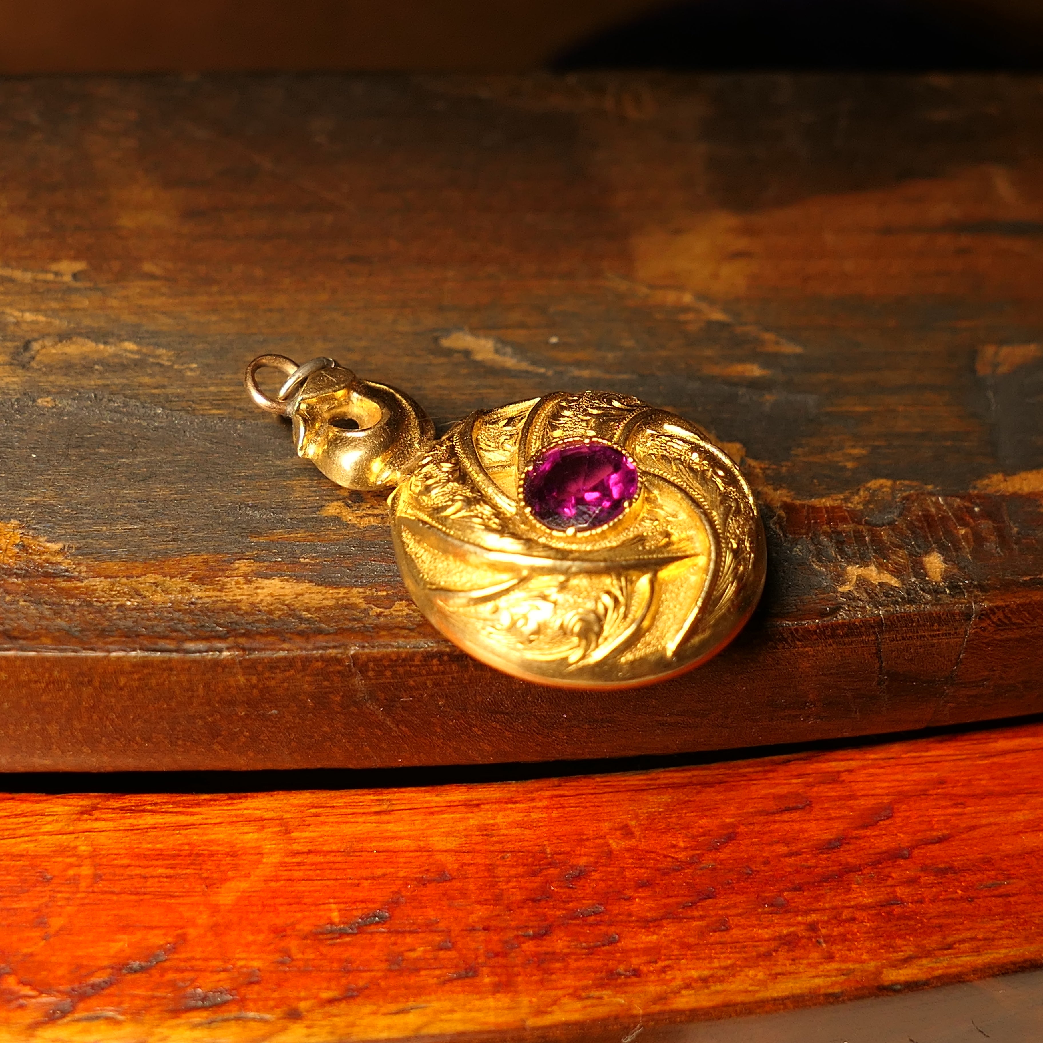 Victorian 18ct Gold & Rhodolite Garnet, Glazed Reverse Locket, Pendant