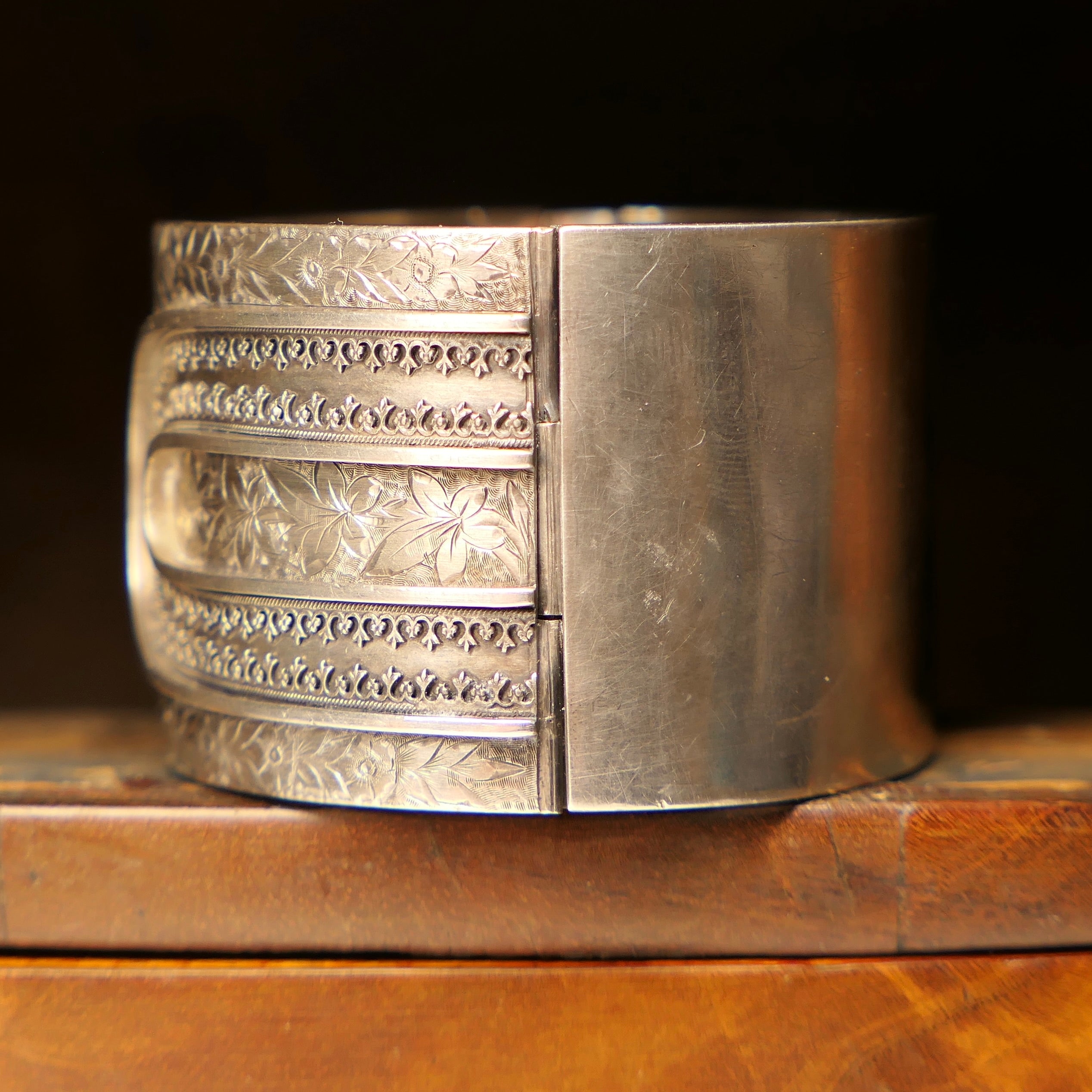 Victorian, Aesthetic Movement, Sterling Silver, Wide Cuff Bangle