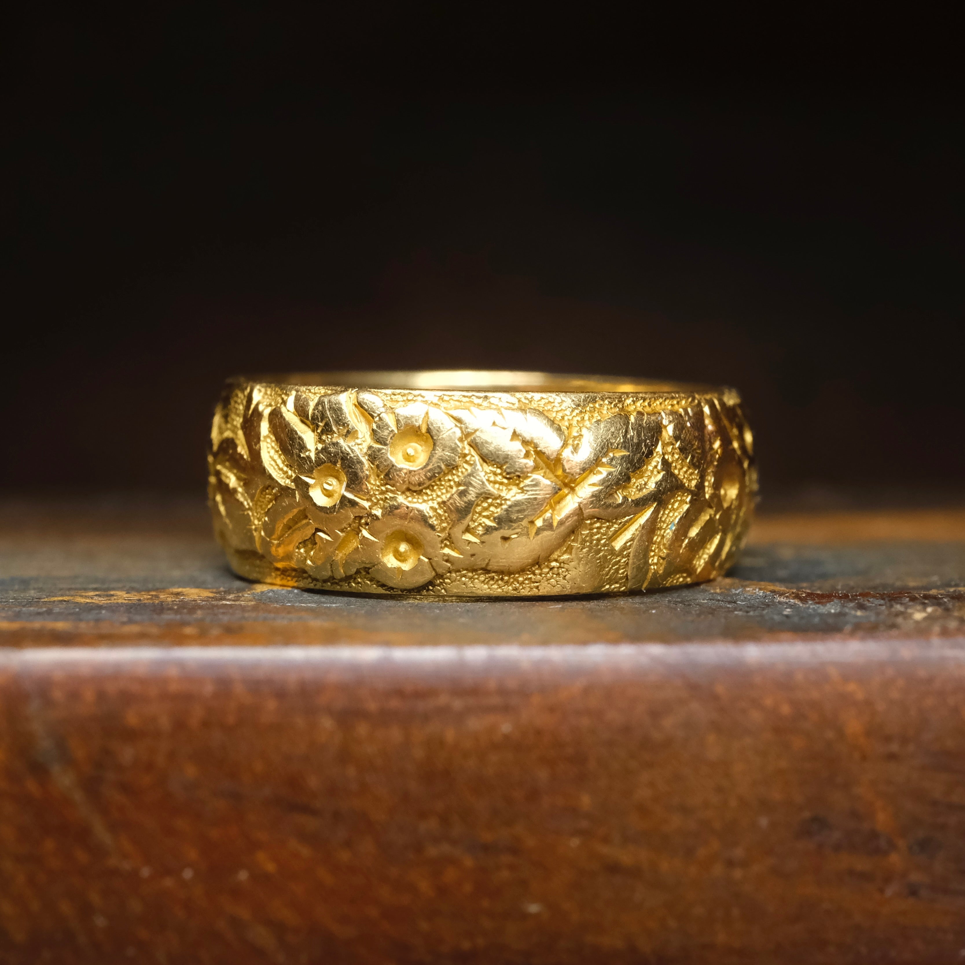 Victorian, 18ct Gold, Forget Me Not, Embossed, Band Ring, Hallmarked 1876