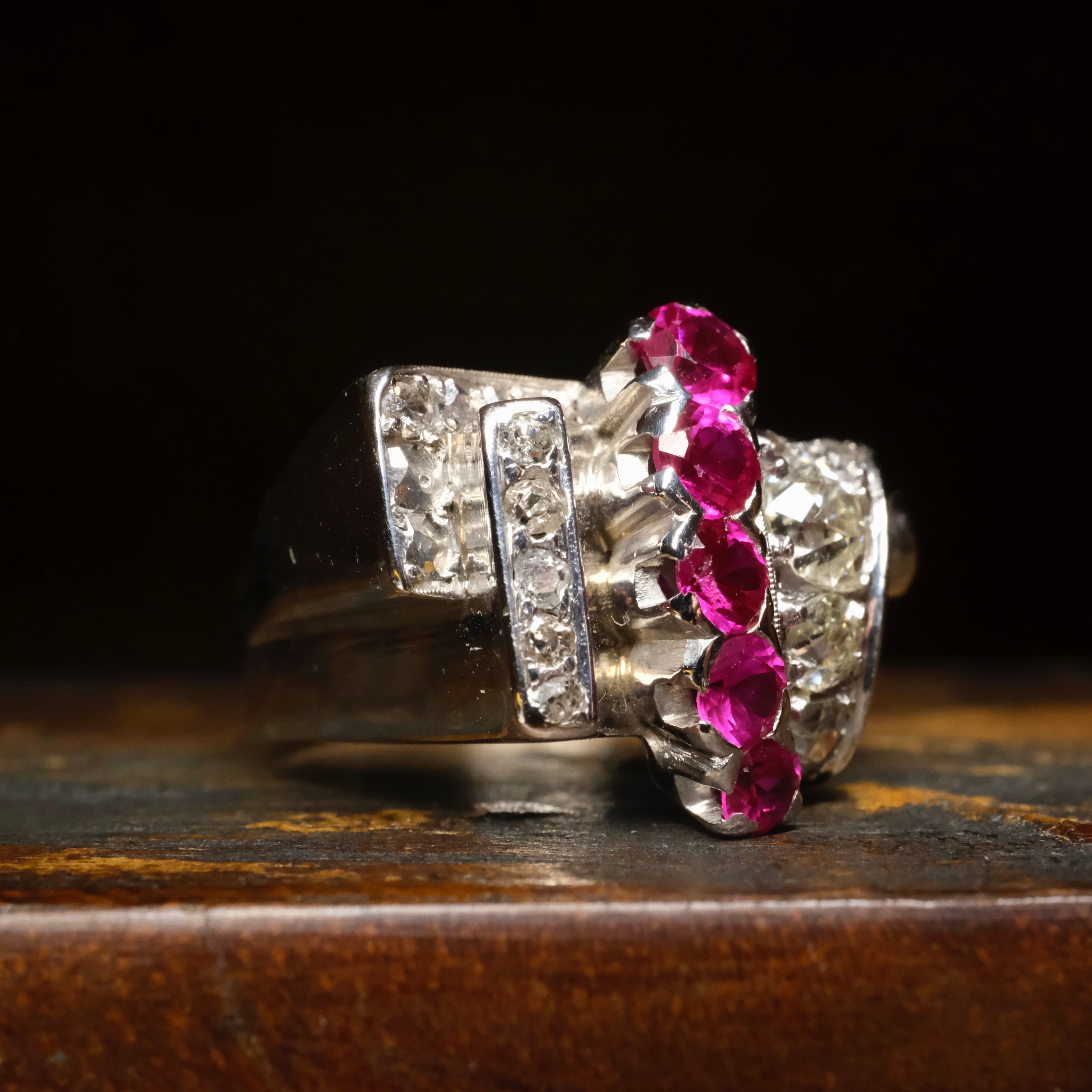 1940's, 18ct White Gold, Old Cut Diamond & Synthetic Ruby, Retro Period Ring