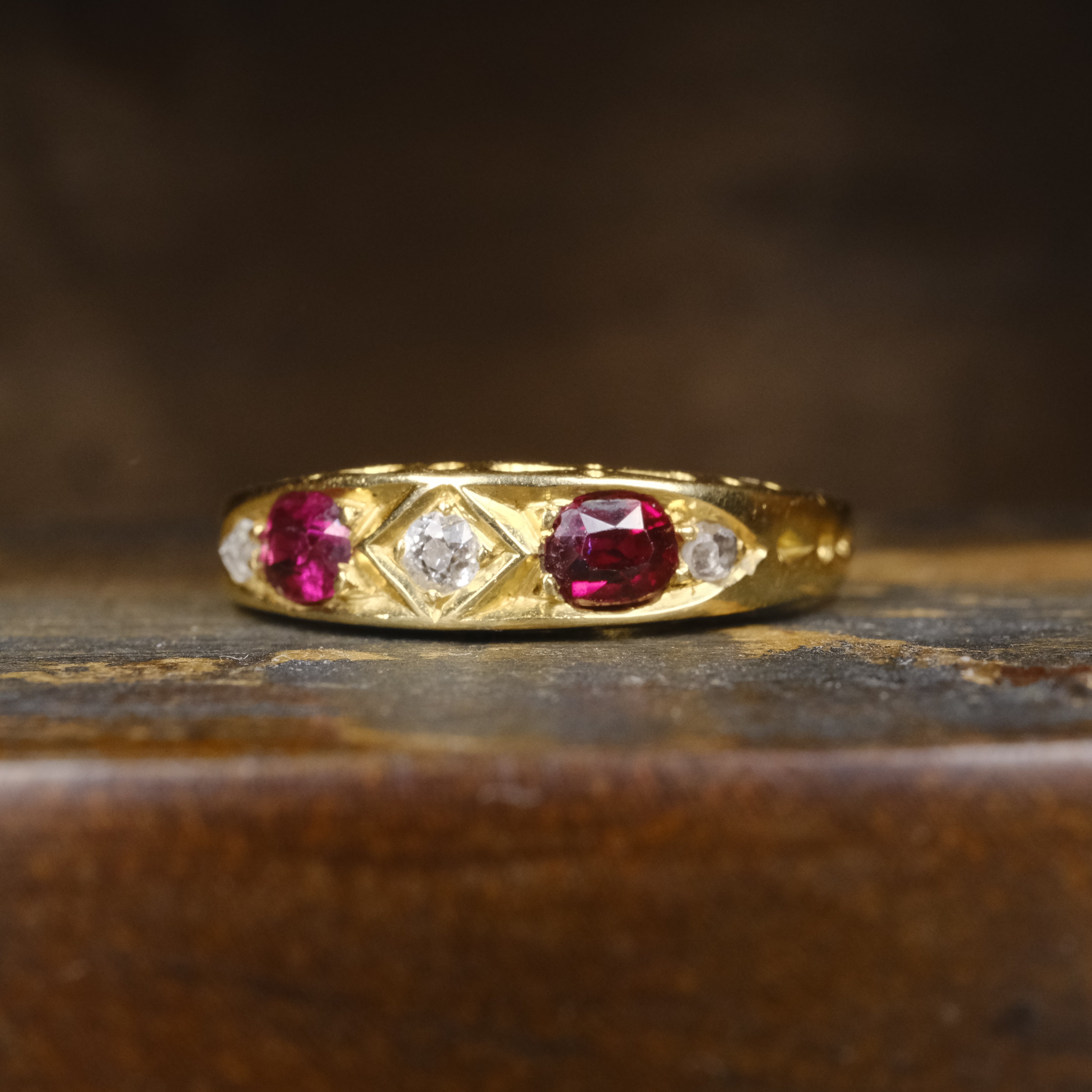 Antique, Victorian 18ct Gold, Old Cut Diamond & Ruby Ring, Chester Hallmark 1899