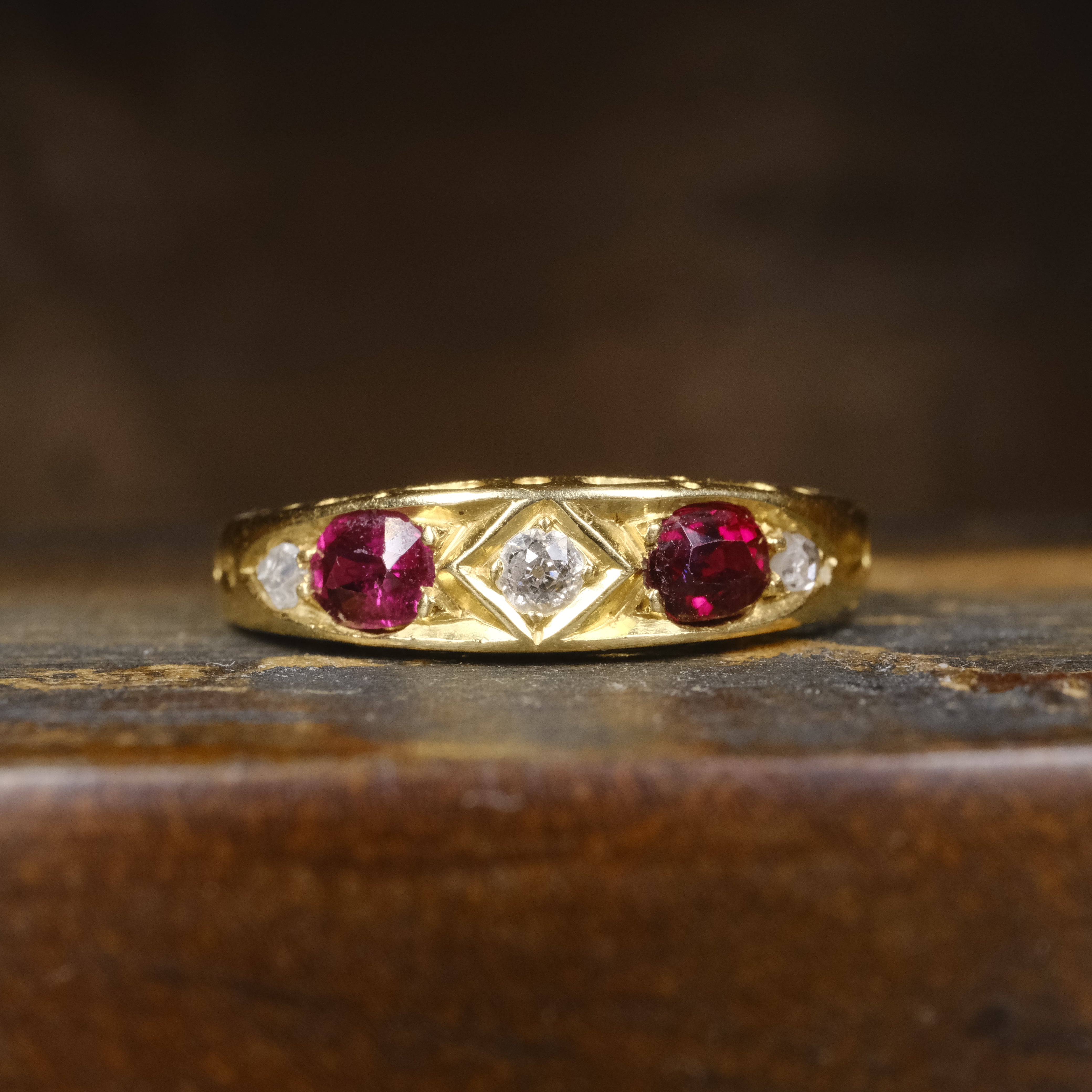 Antique, Victorian 18ct Gold, Old Cut Diamond & Ruby Ring, Chester Hallmark 1899