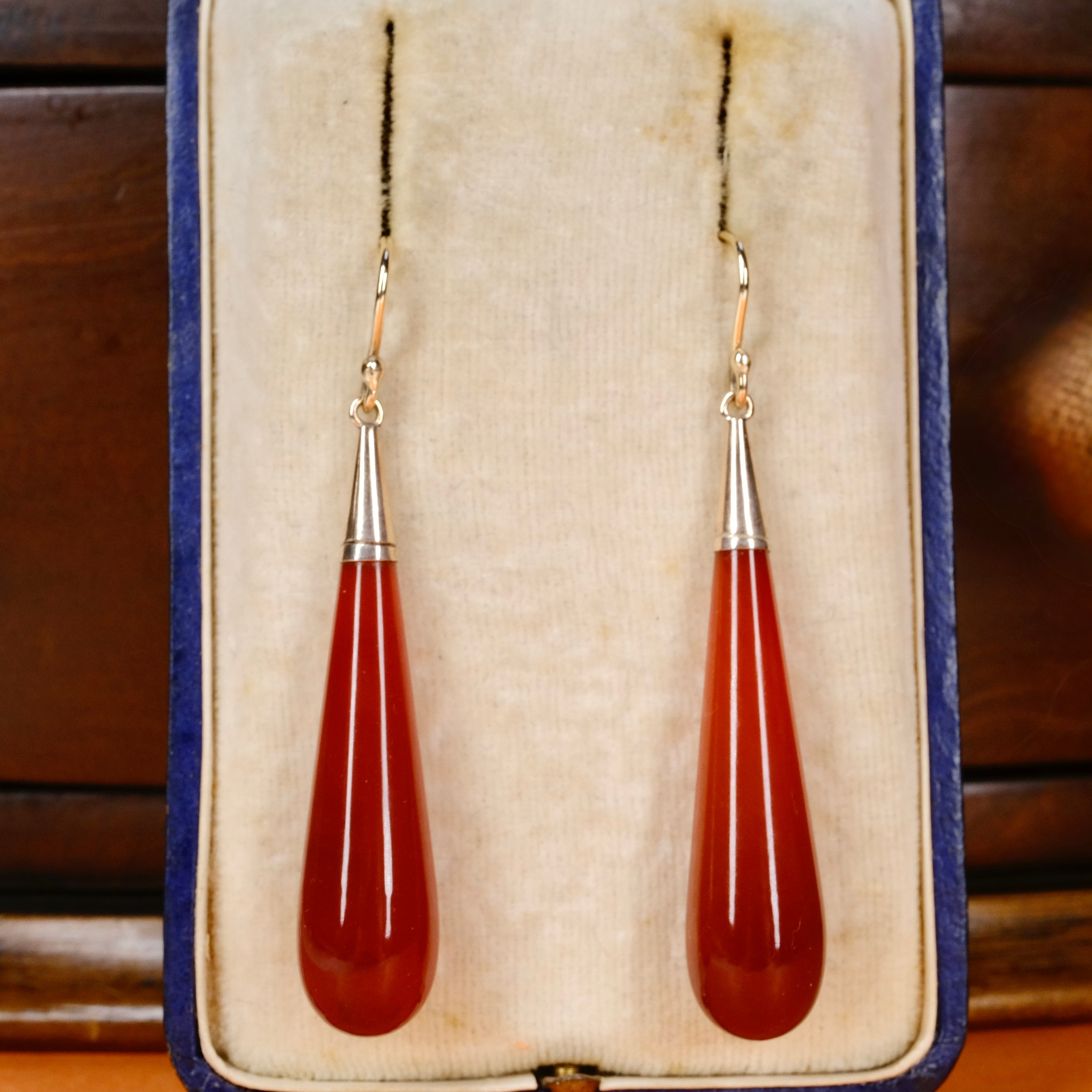 Antique, Large 9ct Gold & Carnelian, Long Torpedo Drop Earrings