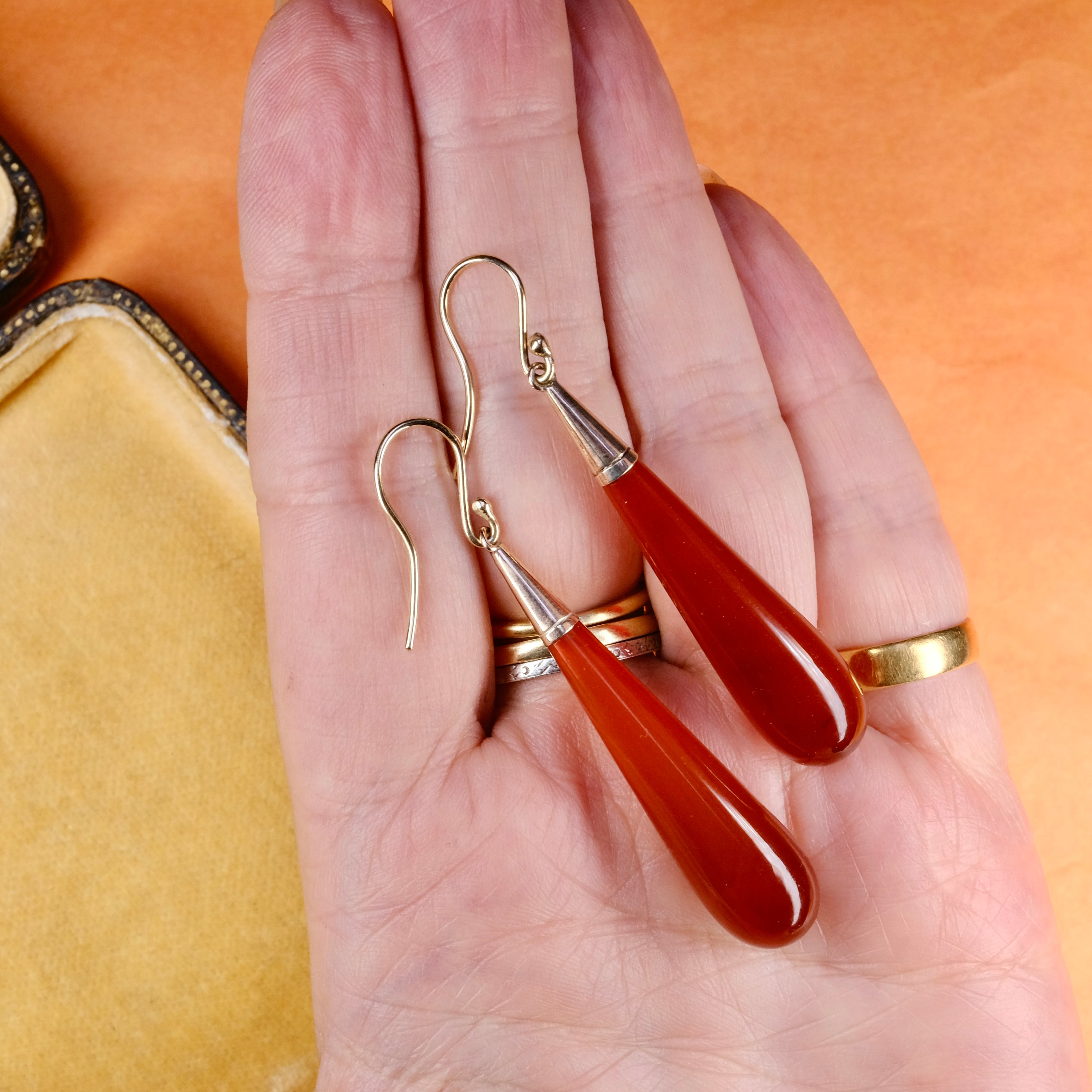 Antique, Large 9ct Gold & Carnelian, Long Torpedo Drop Earrings