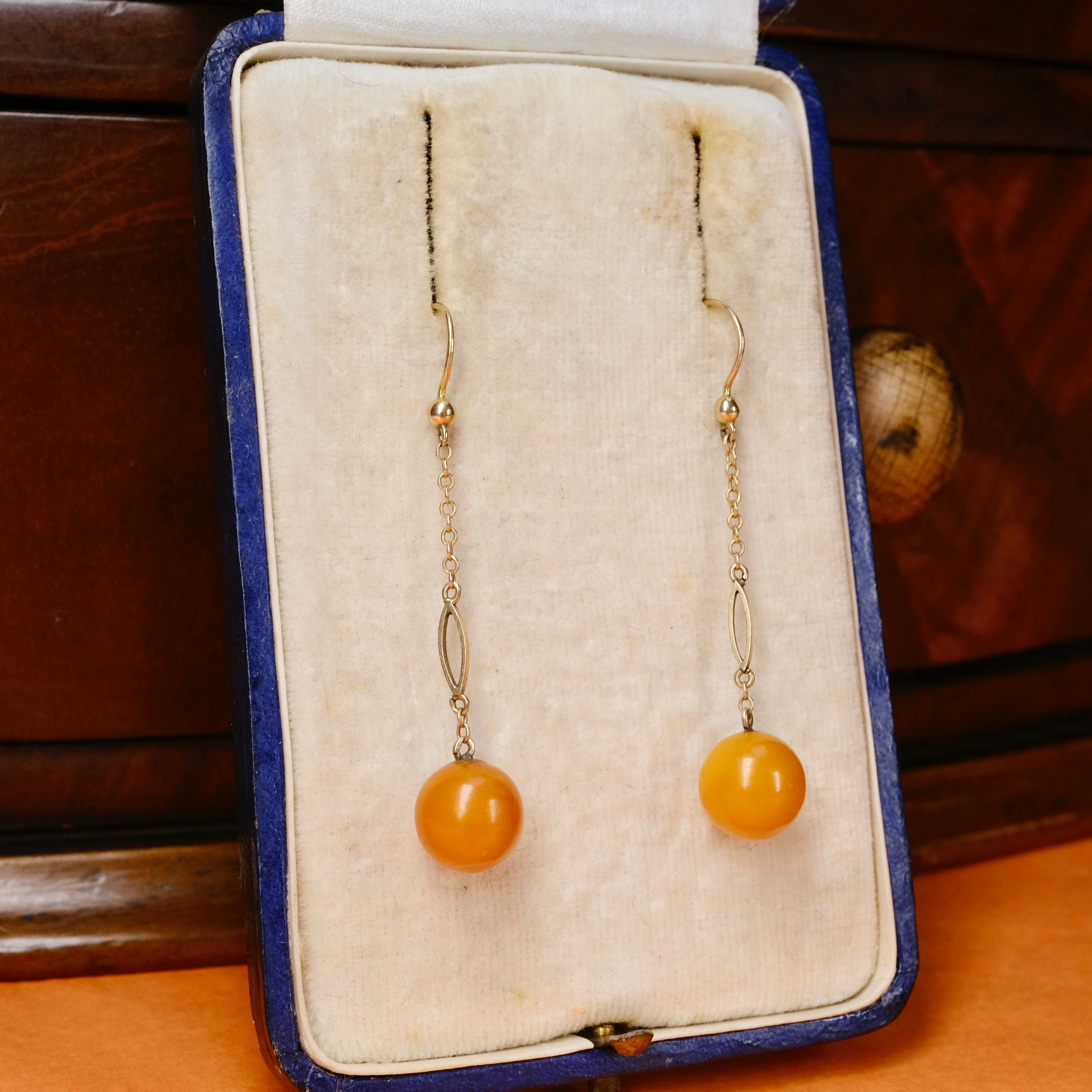 1920s Art Deco, 9ct Gold, Egg Yolk Amber Long Drop Earrings