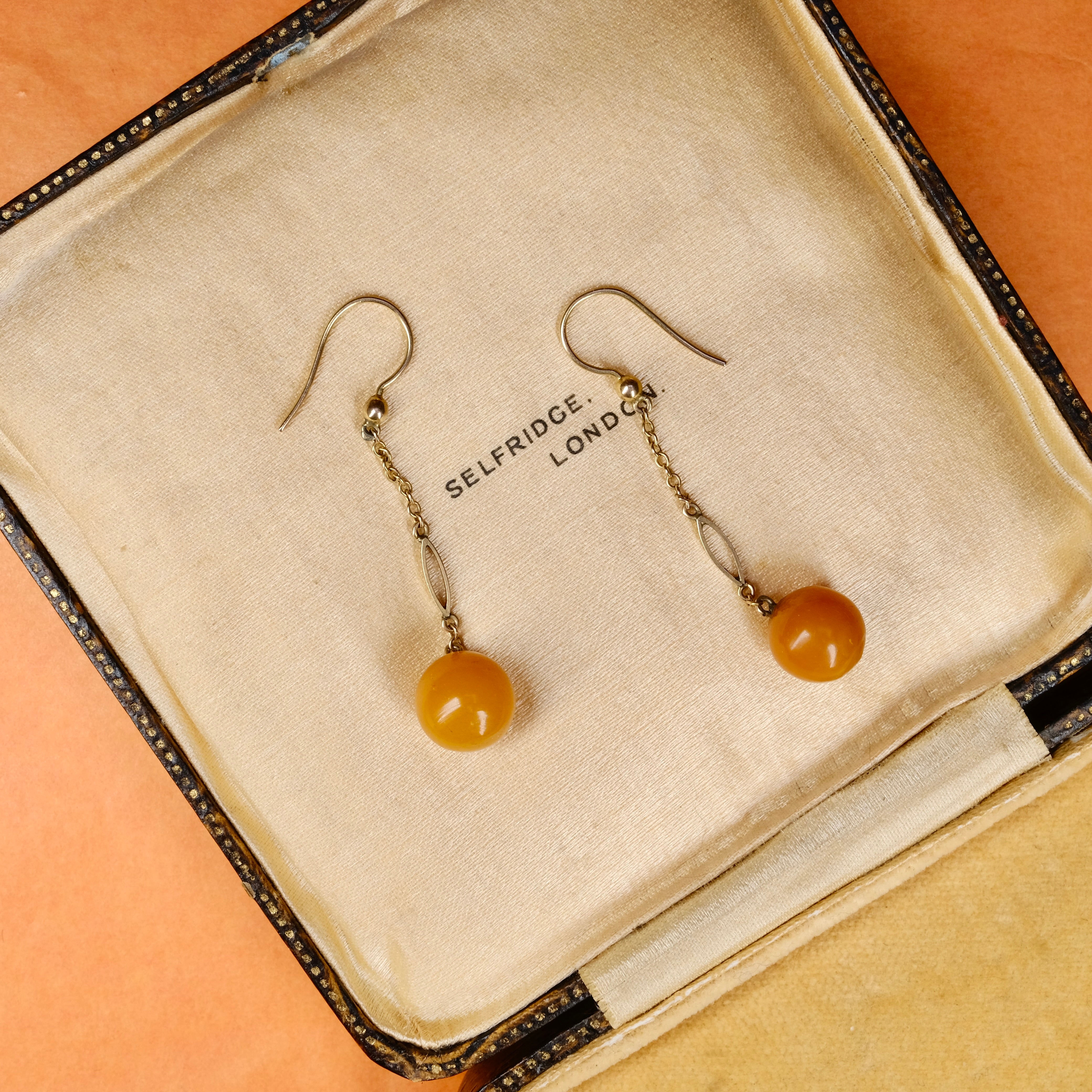 1920s Art Deco, 9ct Gold, Egg Yolk Amber Long Drop Earrings