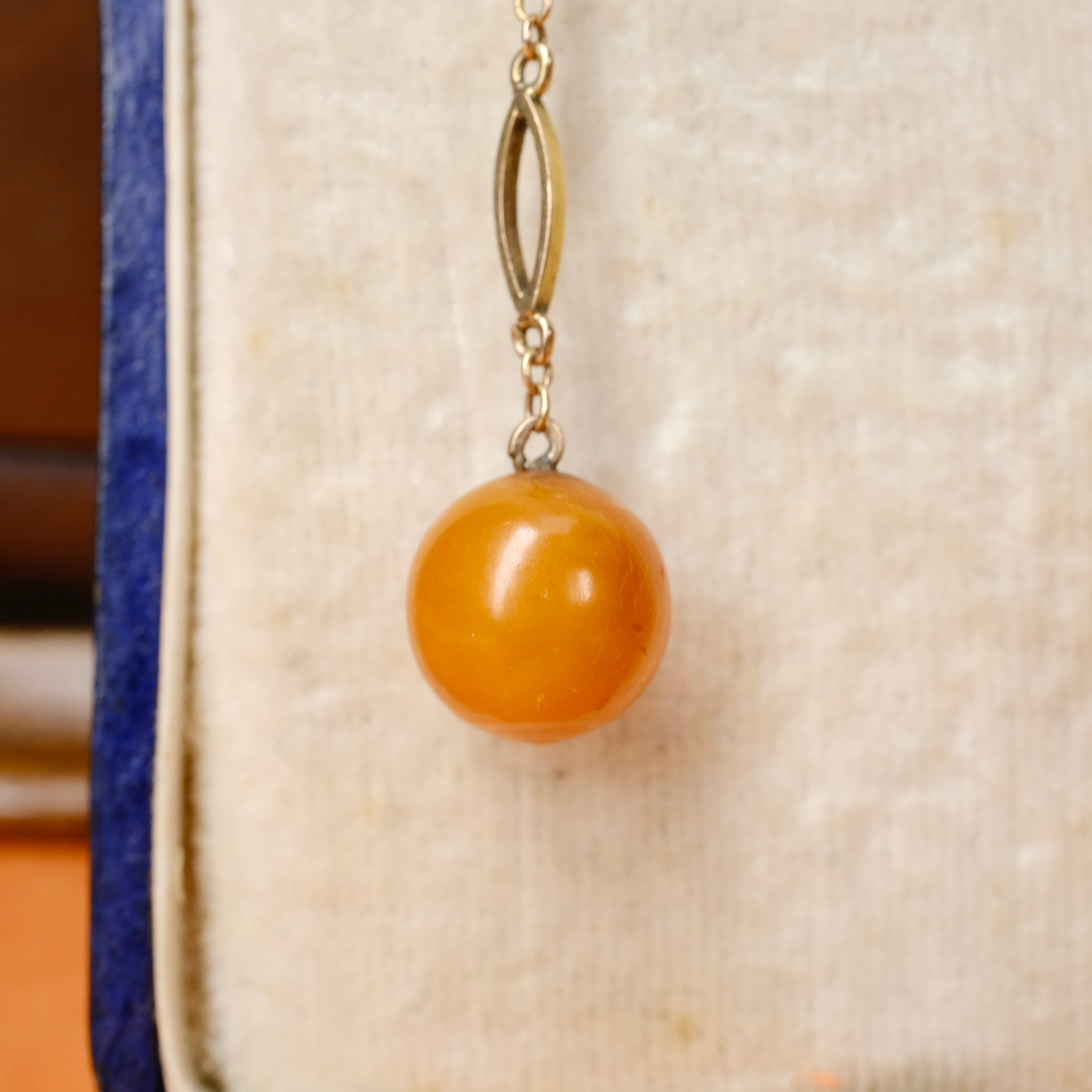 1920s Art Deco, 9ct Gold, Egg Yolk Amber Long Drop Earrings