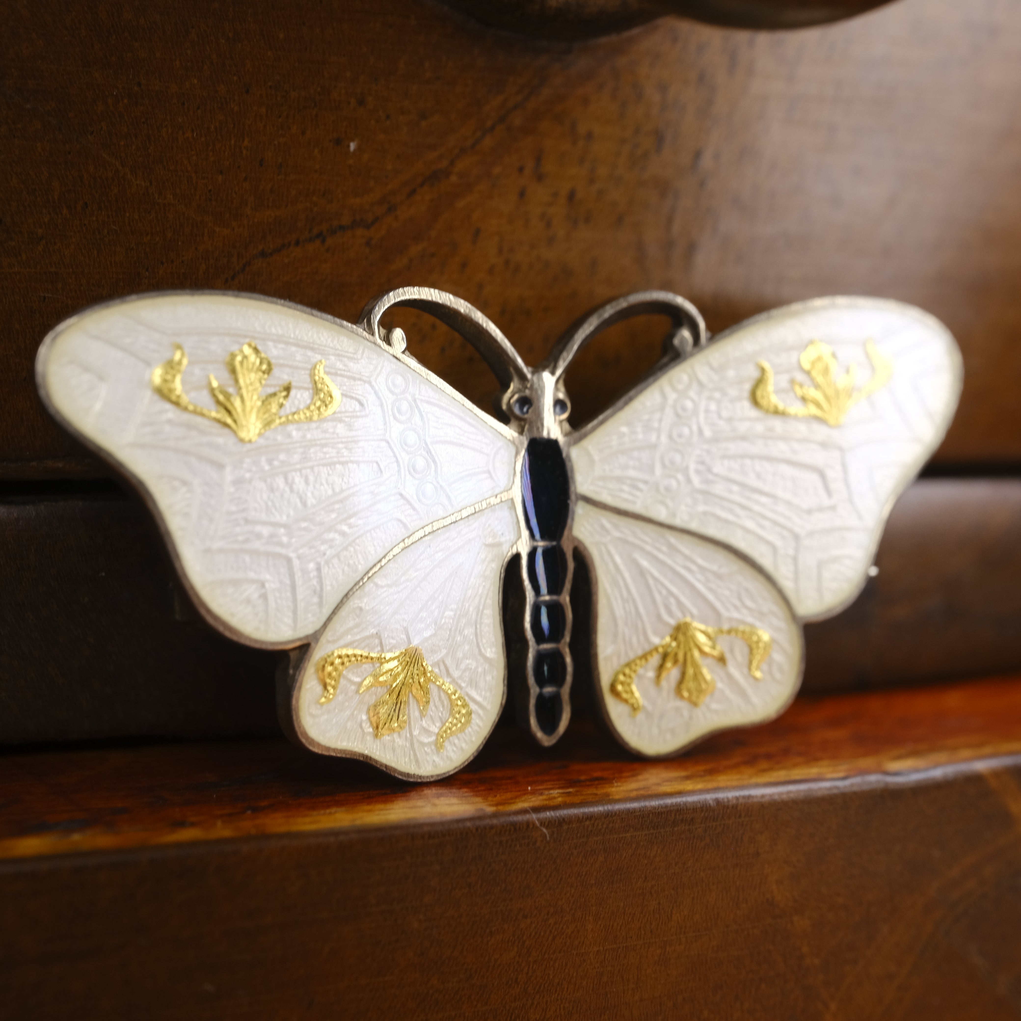 Art Deco Guilloche Enamel, O.F. Hjortdahl Sterling Silver, Butterfly Brooch