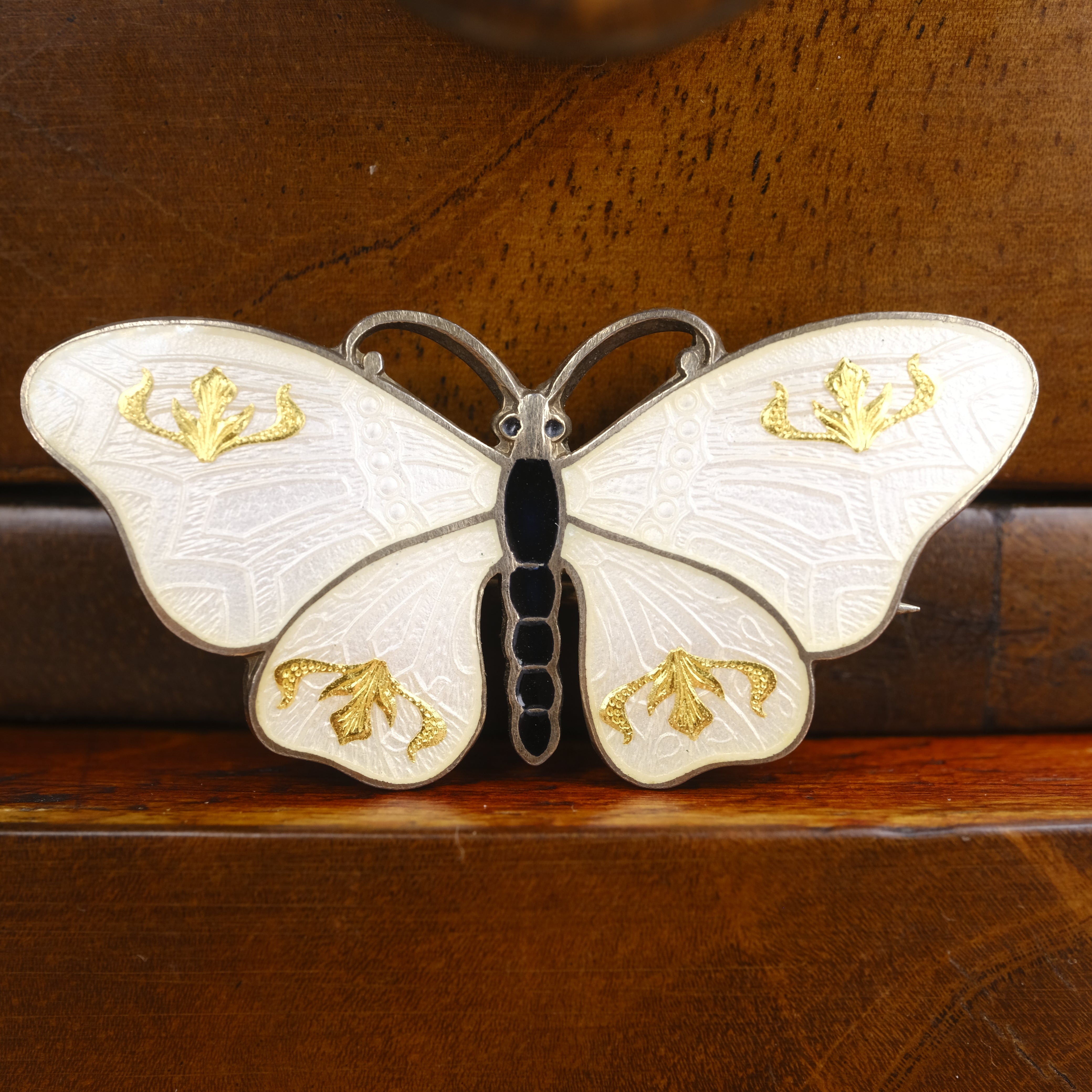 Art Deco Guilloche Enamel, O.F. Hjortdahl Sterling Silver, Butterfly Brooch