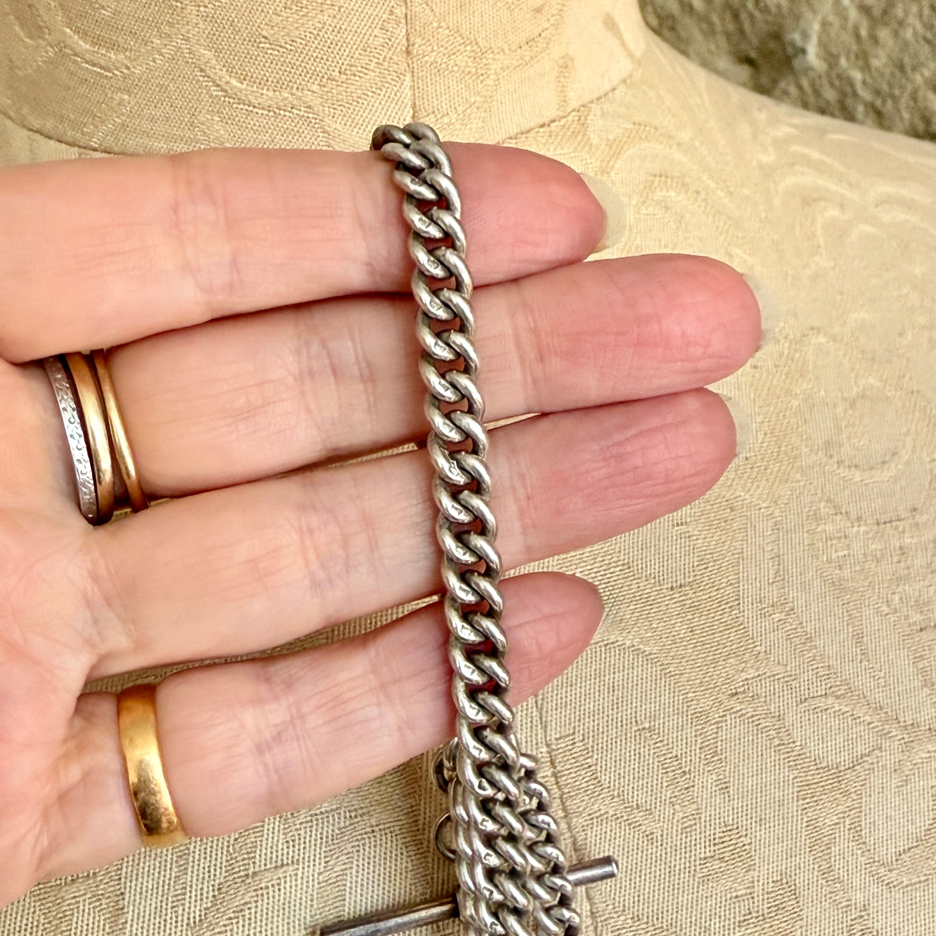 Antique, Heavy, Sterling Silver, Double Albert Watch Chain With Swivel Fob, 63 Grams