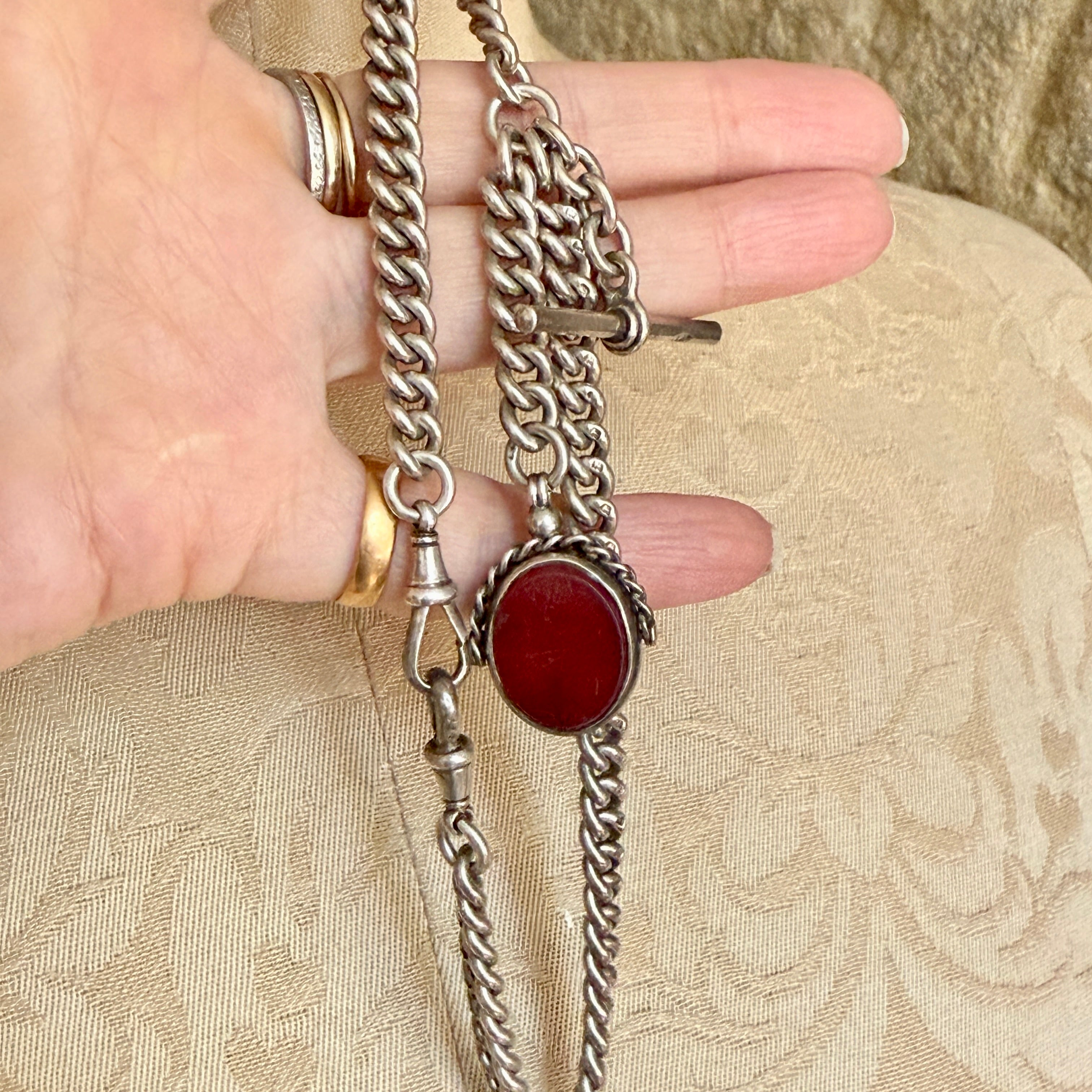 Antique, Heavy, Sterling Silver, Double Albert Watch Chain With Swivel Fob, 63 Grams