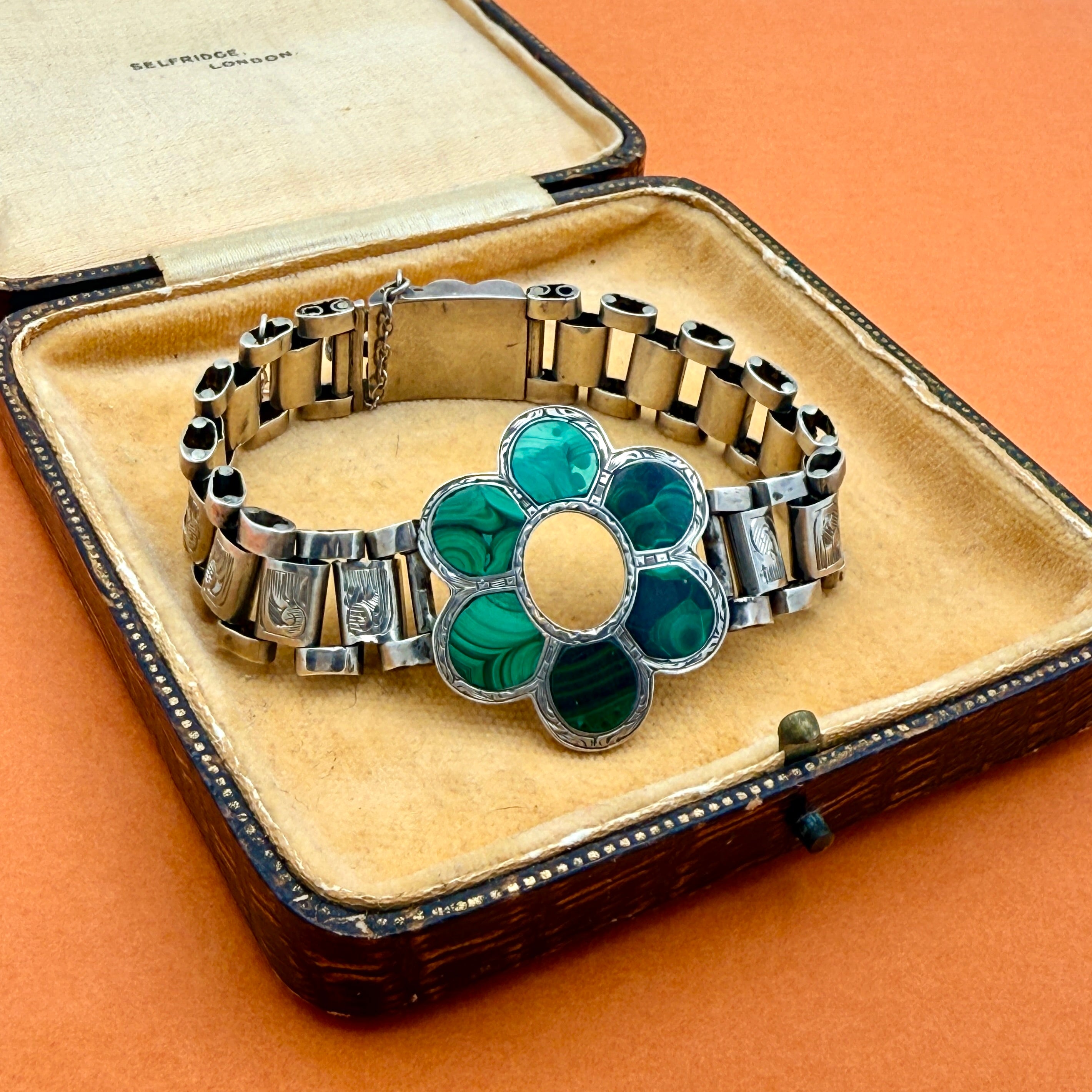 Victorian, Scottish Malachite Flower, Sterling Silver Panel Bracelet