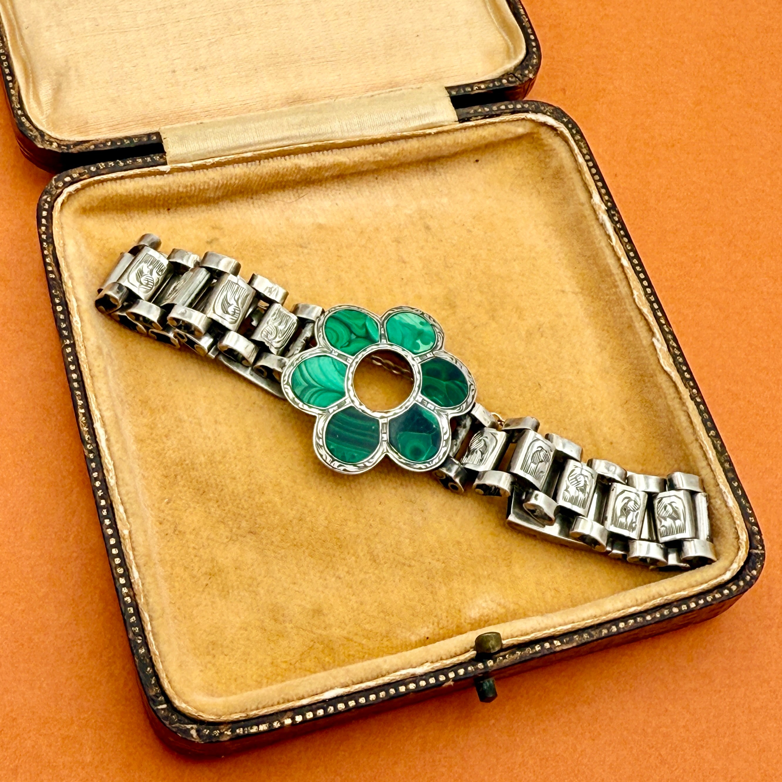 Victorian, Scottish Malachite Flower, Sterling Silver Panel Bracelet