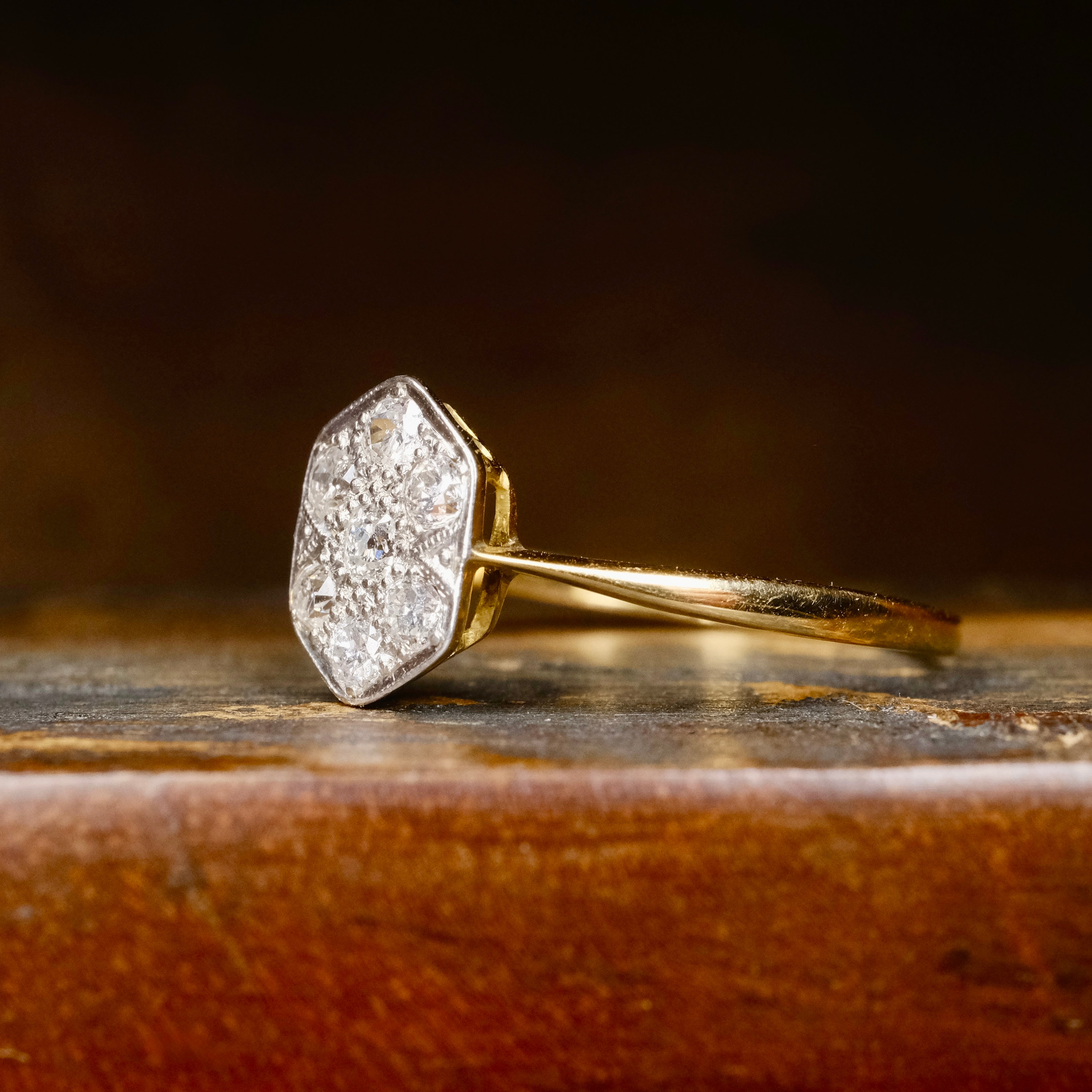 Antique 18ct Gold & Platinum Old Cut Diamond Plaque Ring