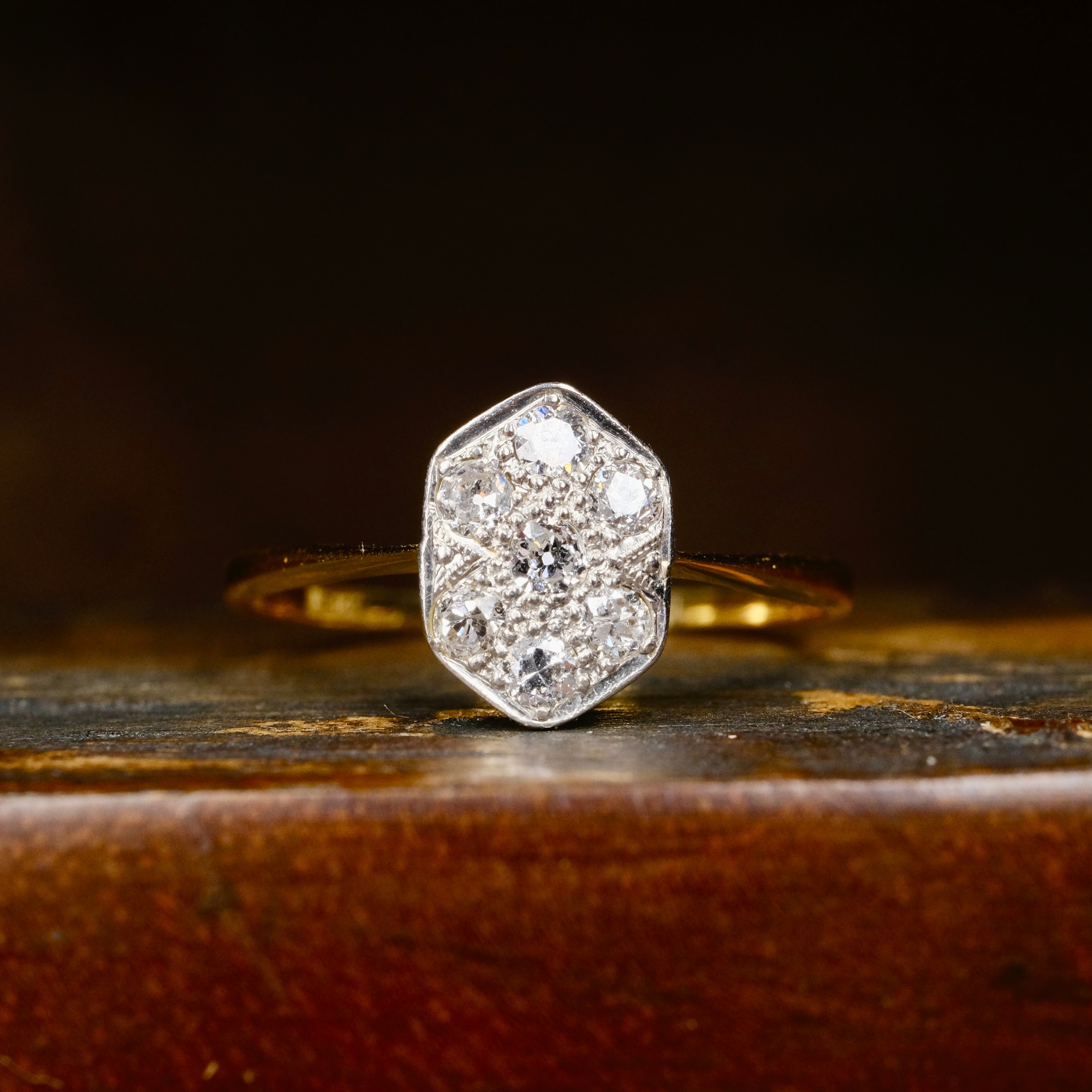 Antique 18ct Gold & Platinum Old Cut Diamond Plaque Ring