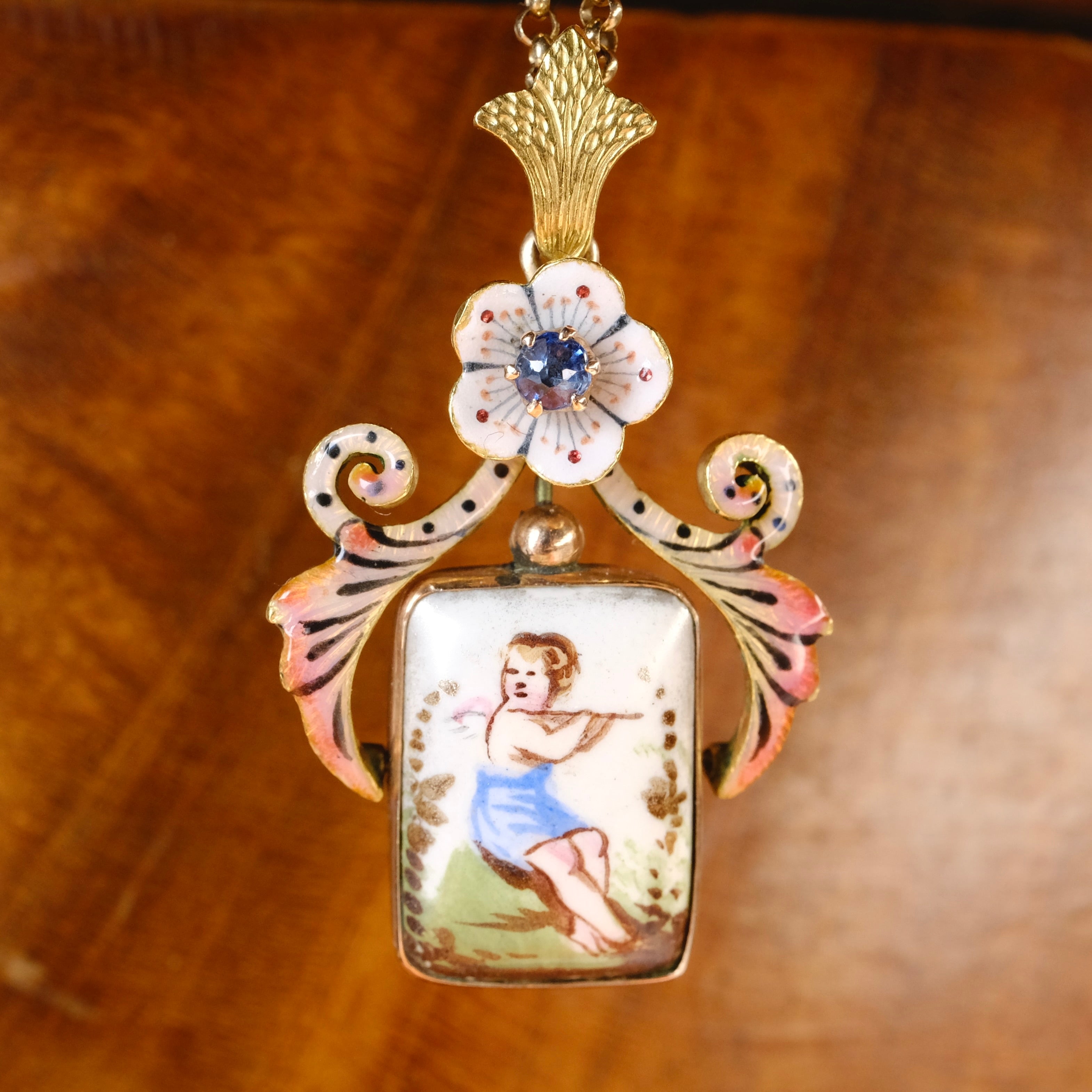 Antique 14ct Gold, Enamel & Painted Cherub Porcelain, Sapphire Pendant