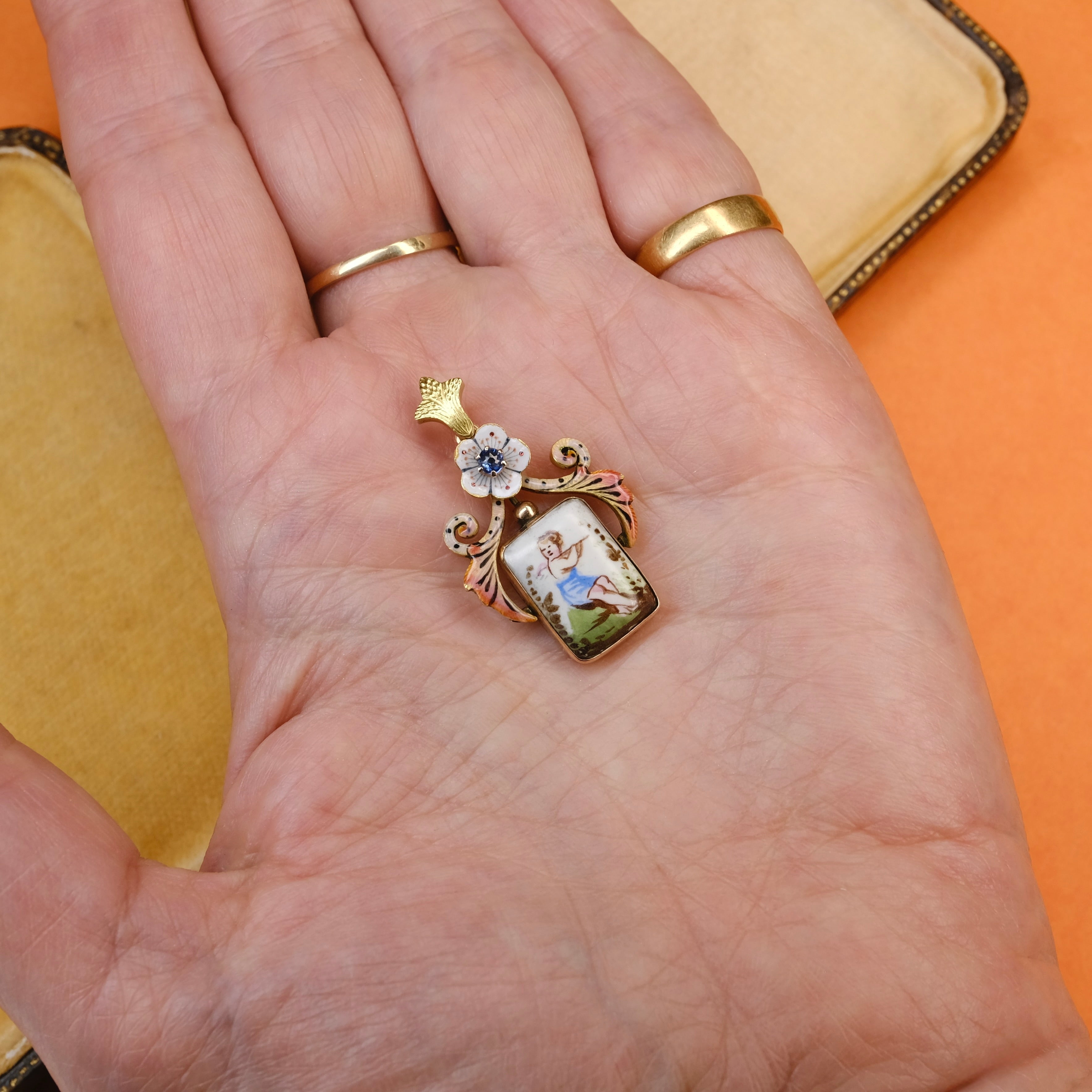 Antique 14ct Gold, Enamel & Painted Cherub Porcelain, Sapphire Pendant