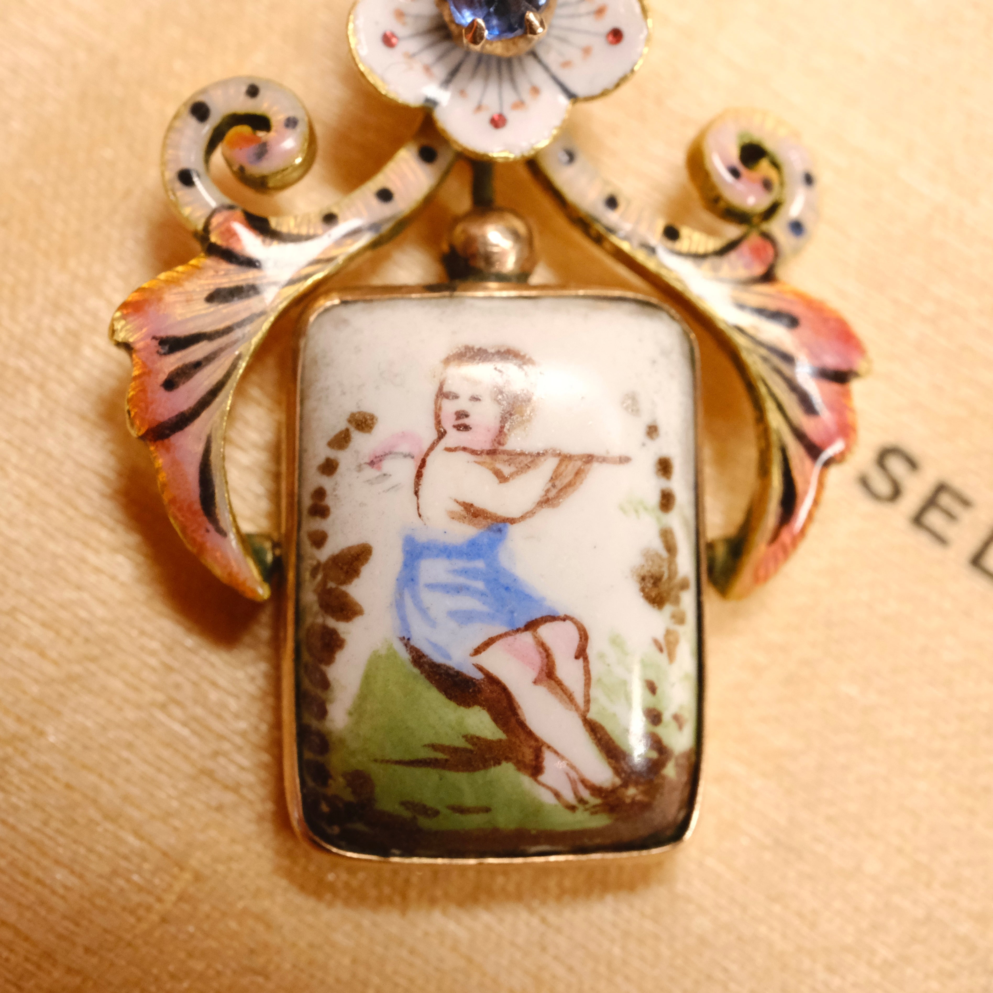 Antique 14ct Gold, Enamel & Painted Cherub Porcelain, Sapphire Pendant