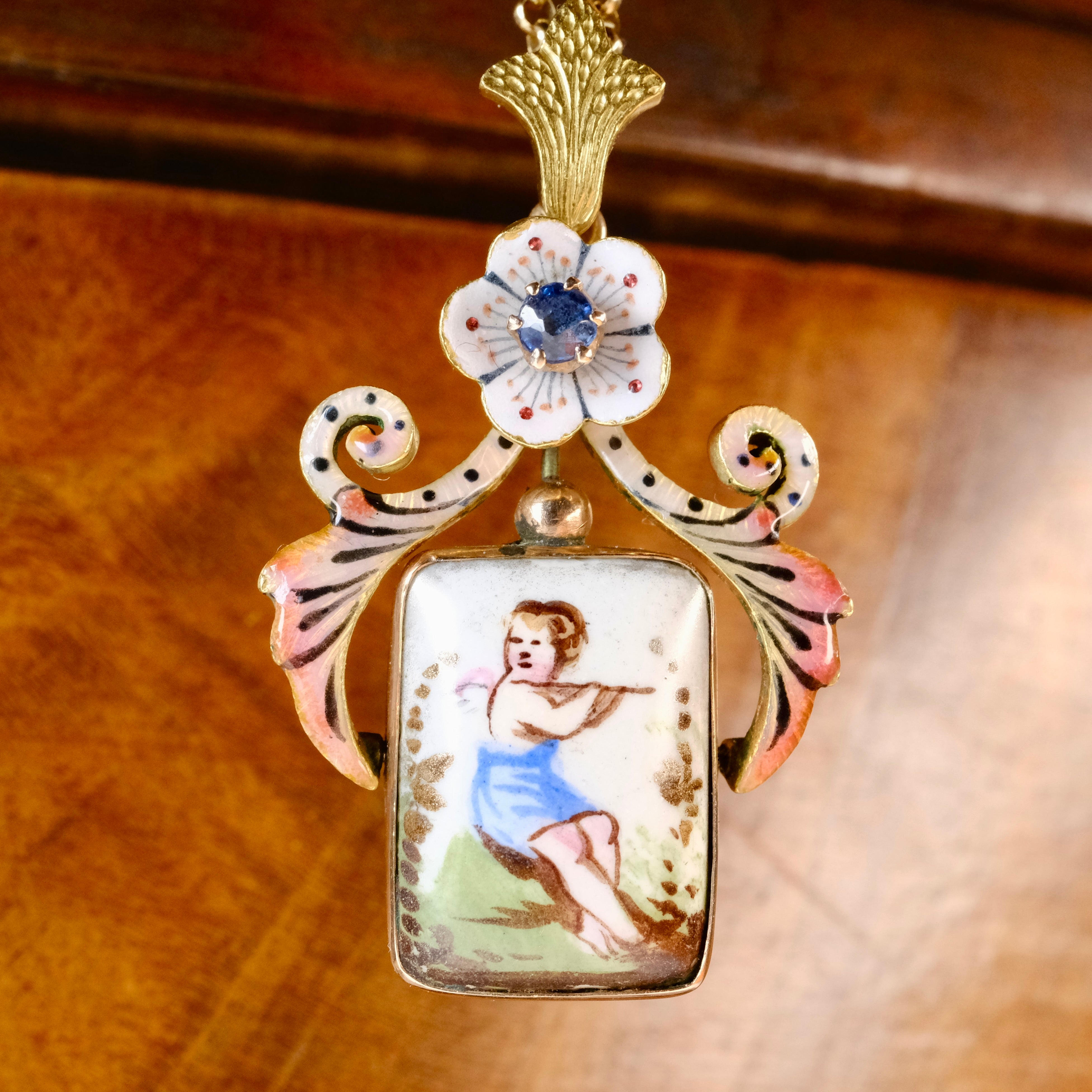 Antique 14ct Gold, Enamel & Painted Cherub Porcelain, Sapphire Pendant