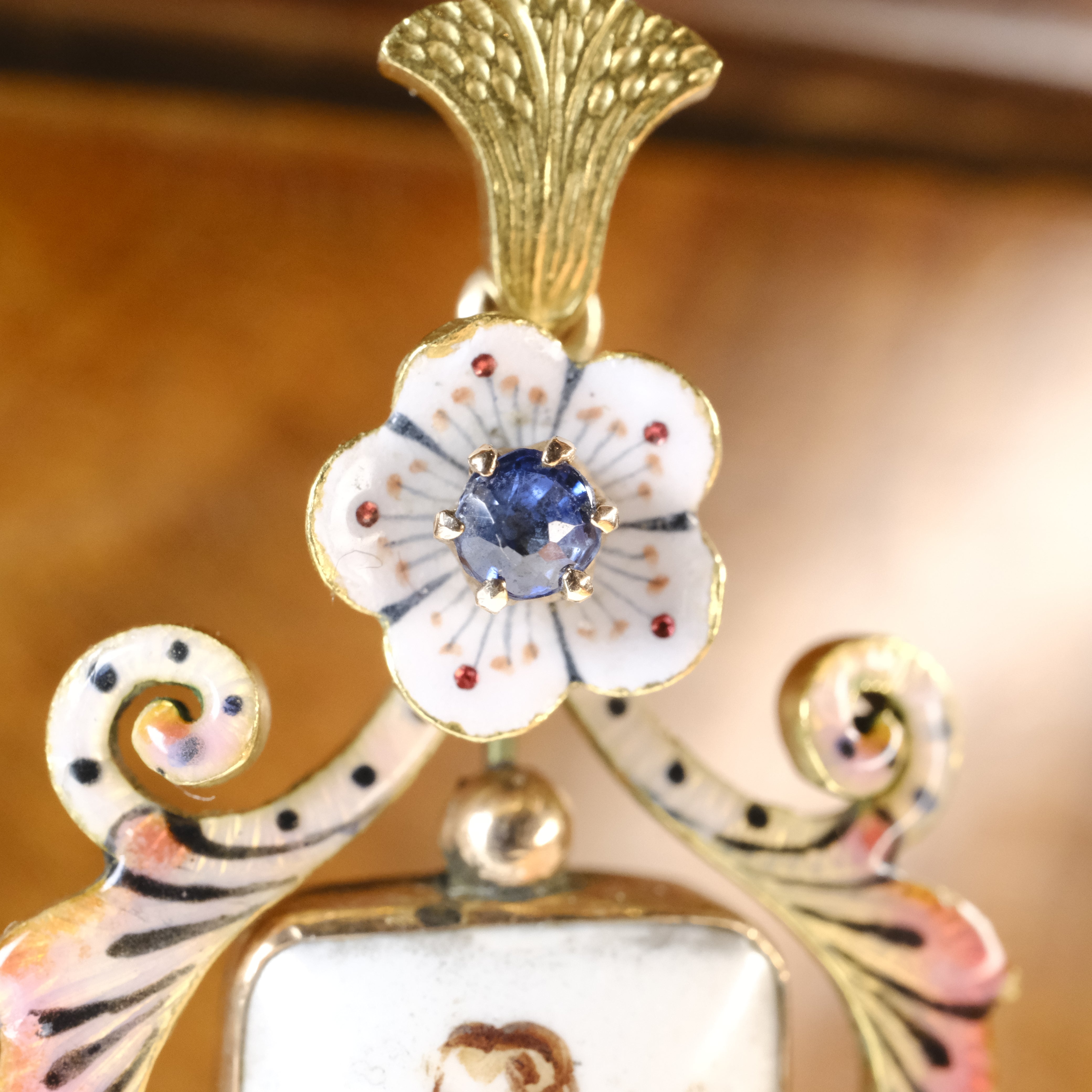 Antique 14ct Gold, Enamel & Painted Cherub Porcelain, Sapphire Pendant