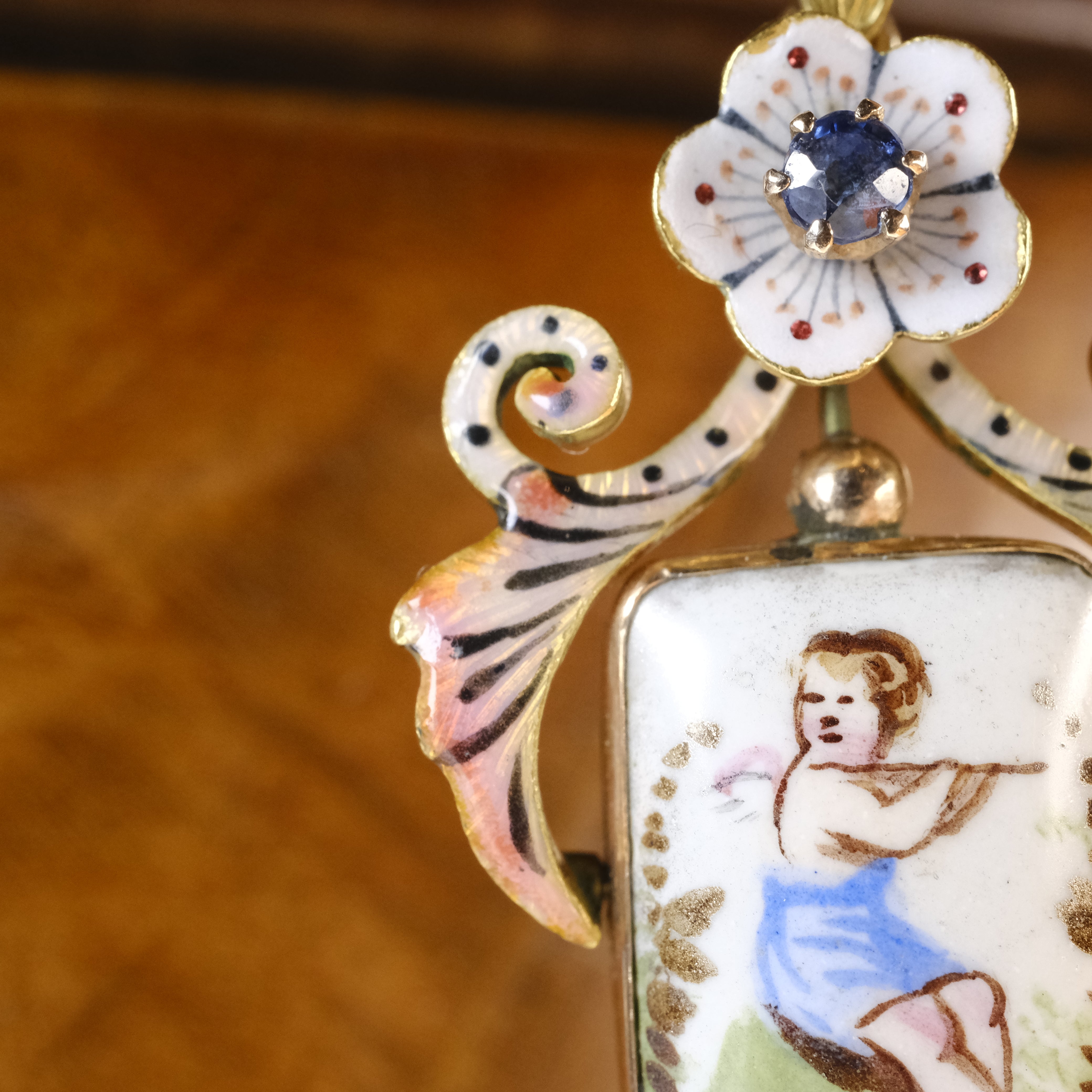 Antique 14ct Gold, Enamel & Painted Cherub Porcelain, Sapphire Pendant