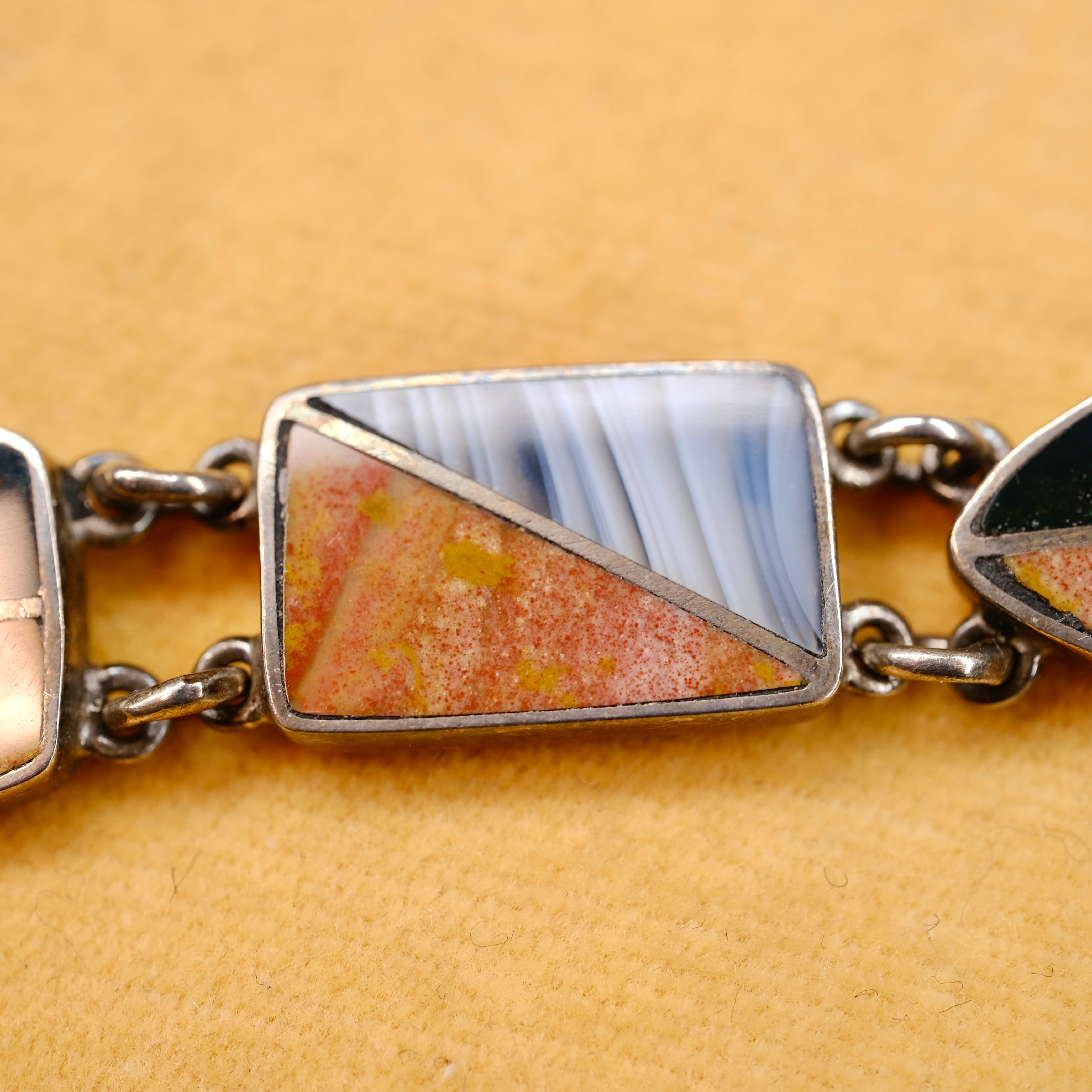 1920s Scottish Agate Sterling Silver Panel Bracelet, Hallmarked in 1925