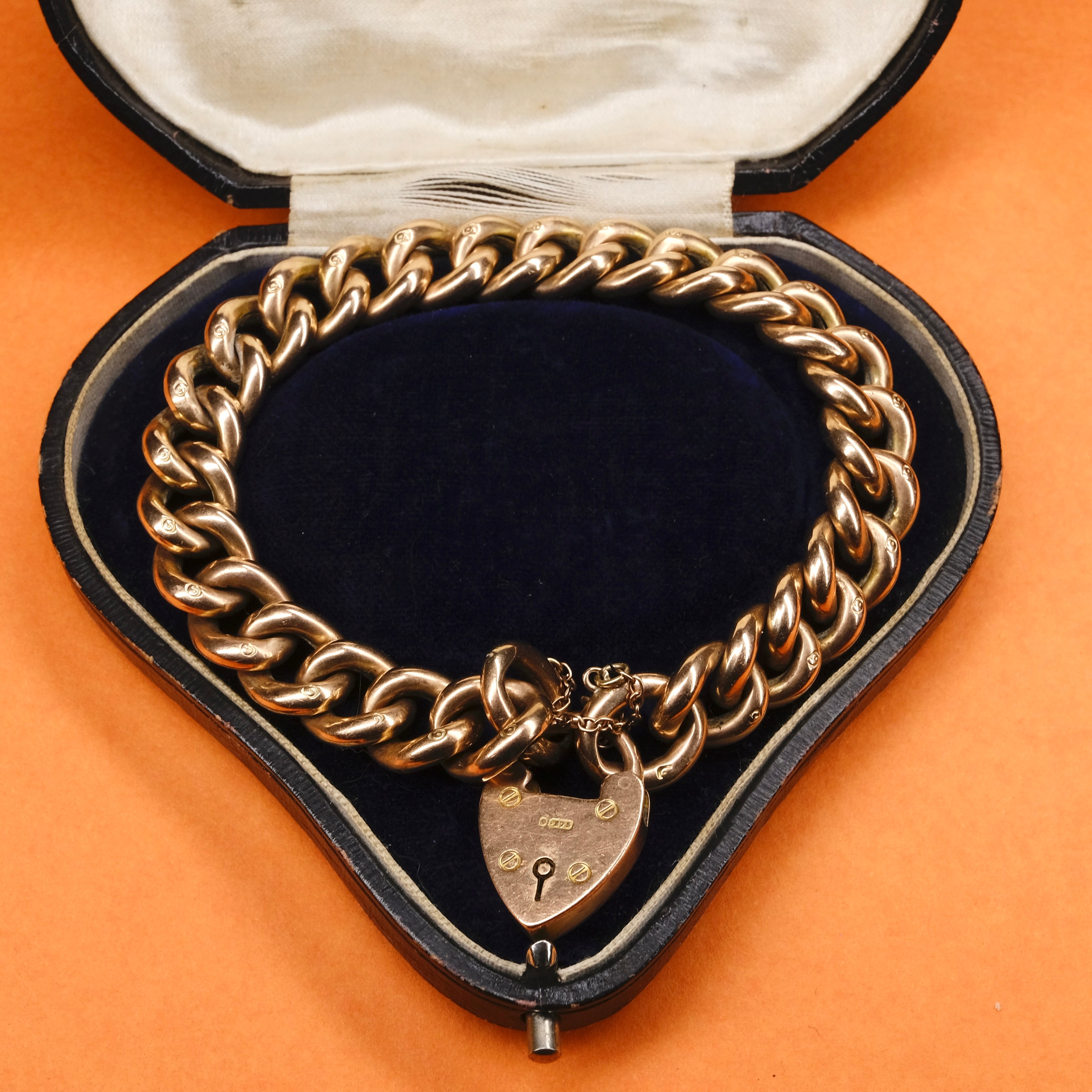 Antique 9ct Gold Chunky Curb Link Bracelet, With Heart Padlock Clasp, 23.3 Grams