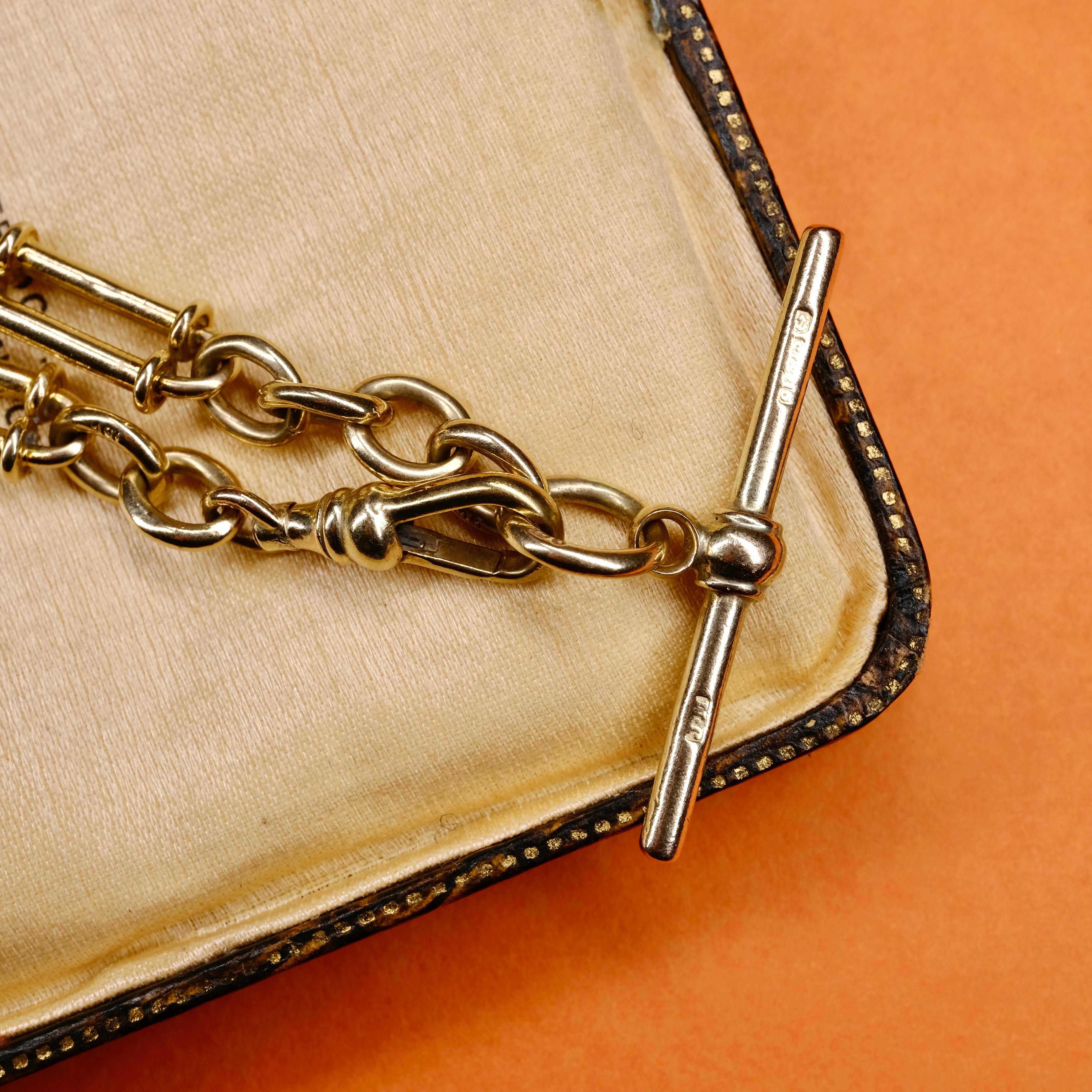 Antique 9ct Gold, Trombone Link Watch Chain Bracelet, With Dog Clip Clasp and T Bar, 22.3 Grams