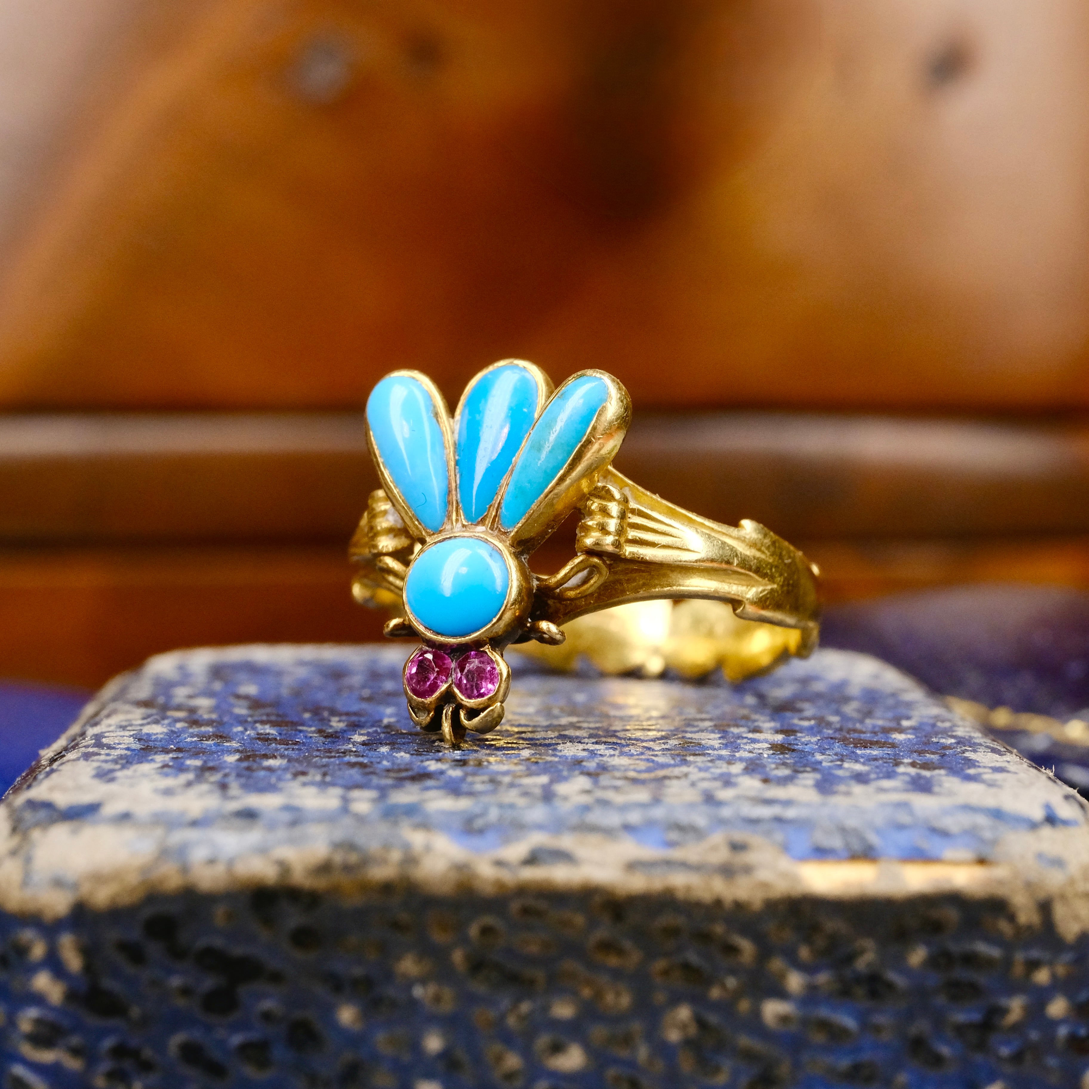 Very Rare Victorian 18ct Gold, Ruby & Turquoise Fly Ring