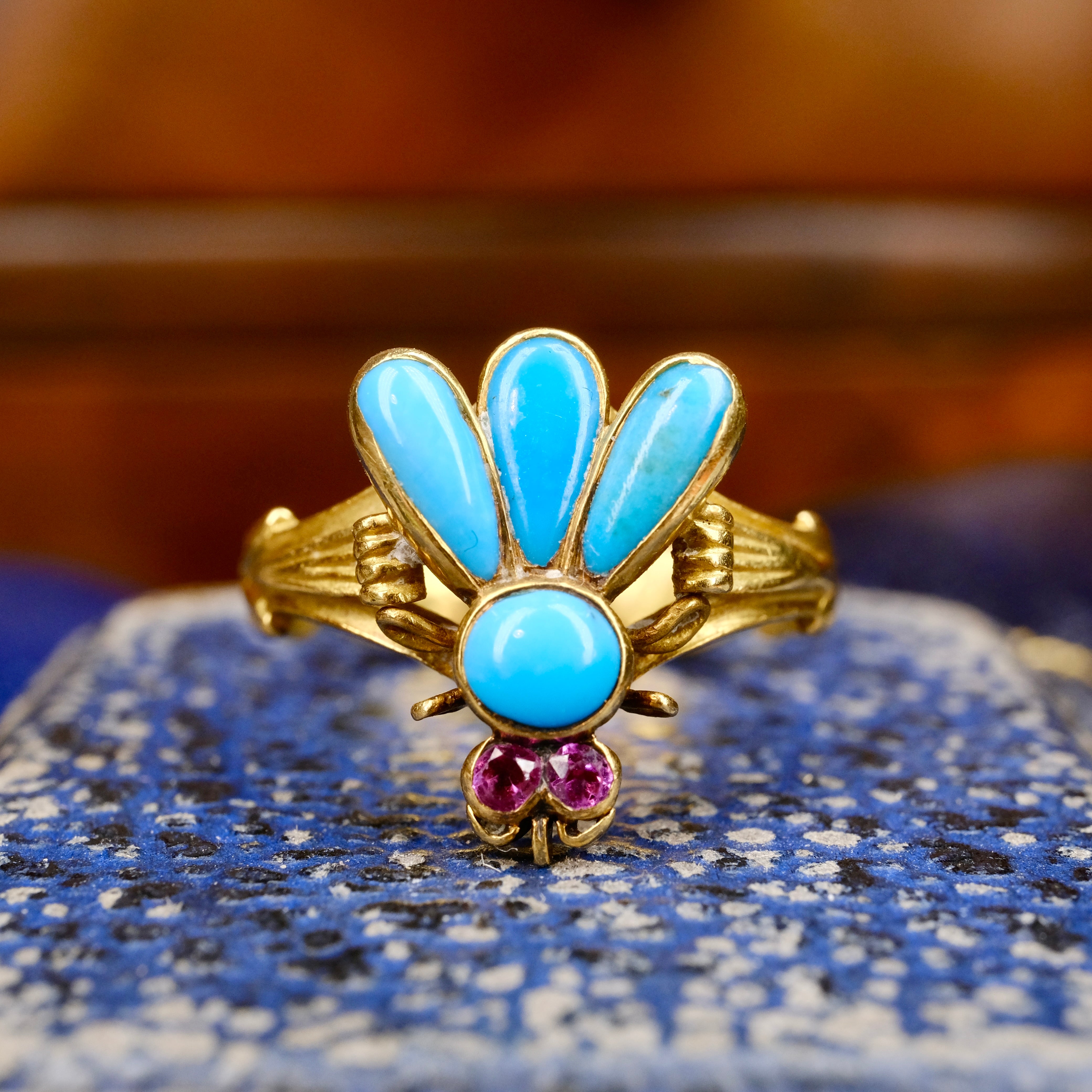Very Rare Victorian 18ct Gold, Ruby & Turquoise Fly Ring