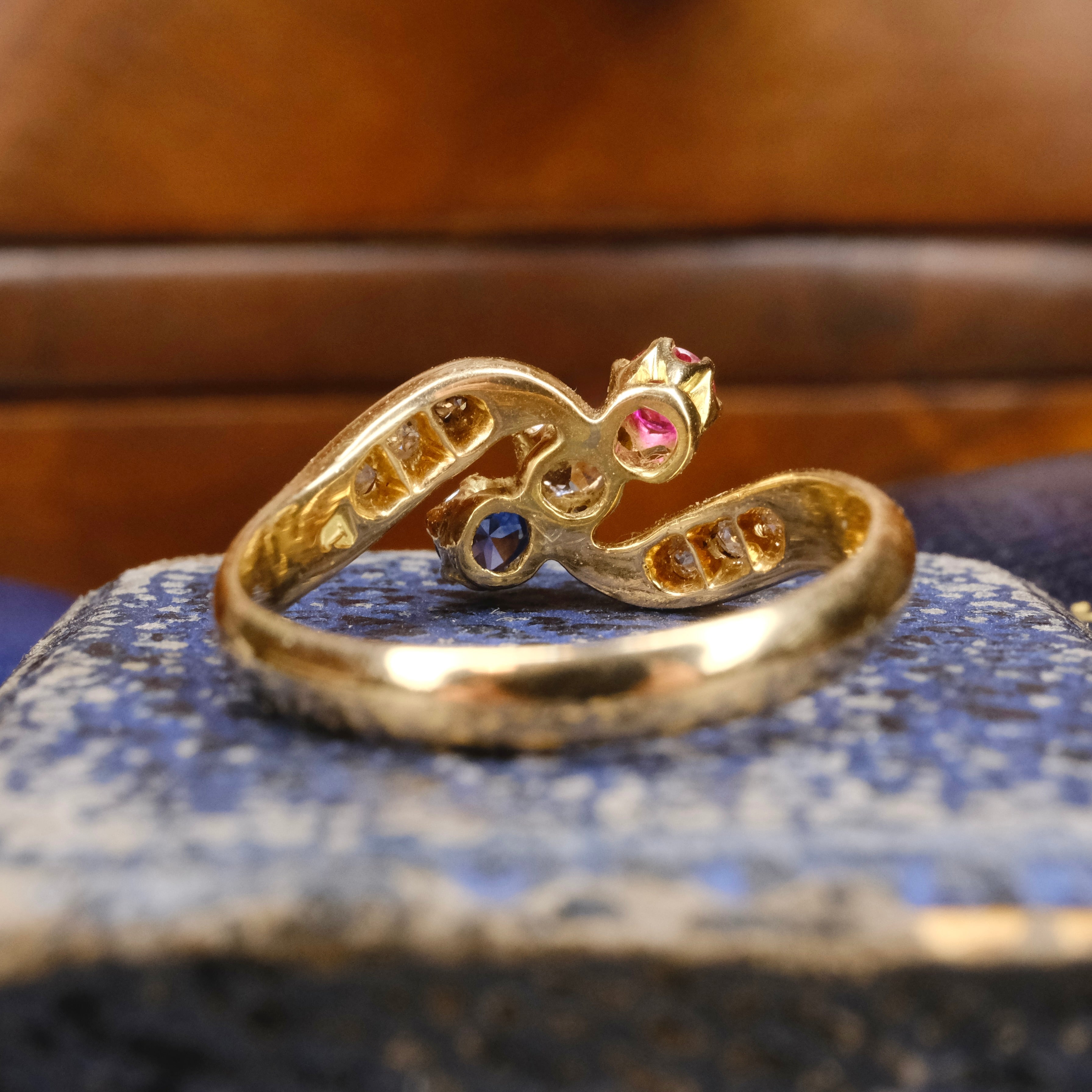 Antique, Edwardian 18ct Gold, Ruby, Sapphire & Old Cut Diamond, Bypass Ring