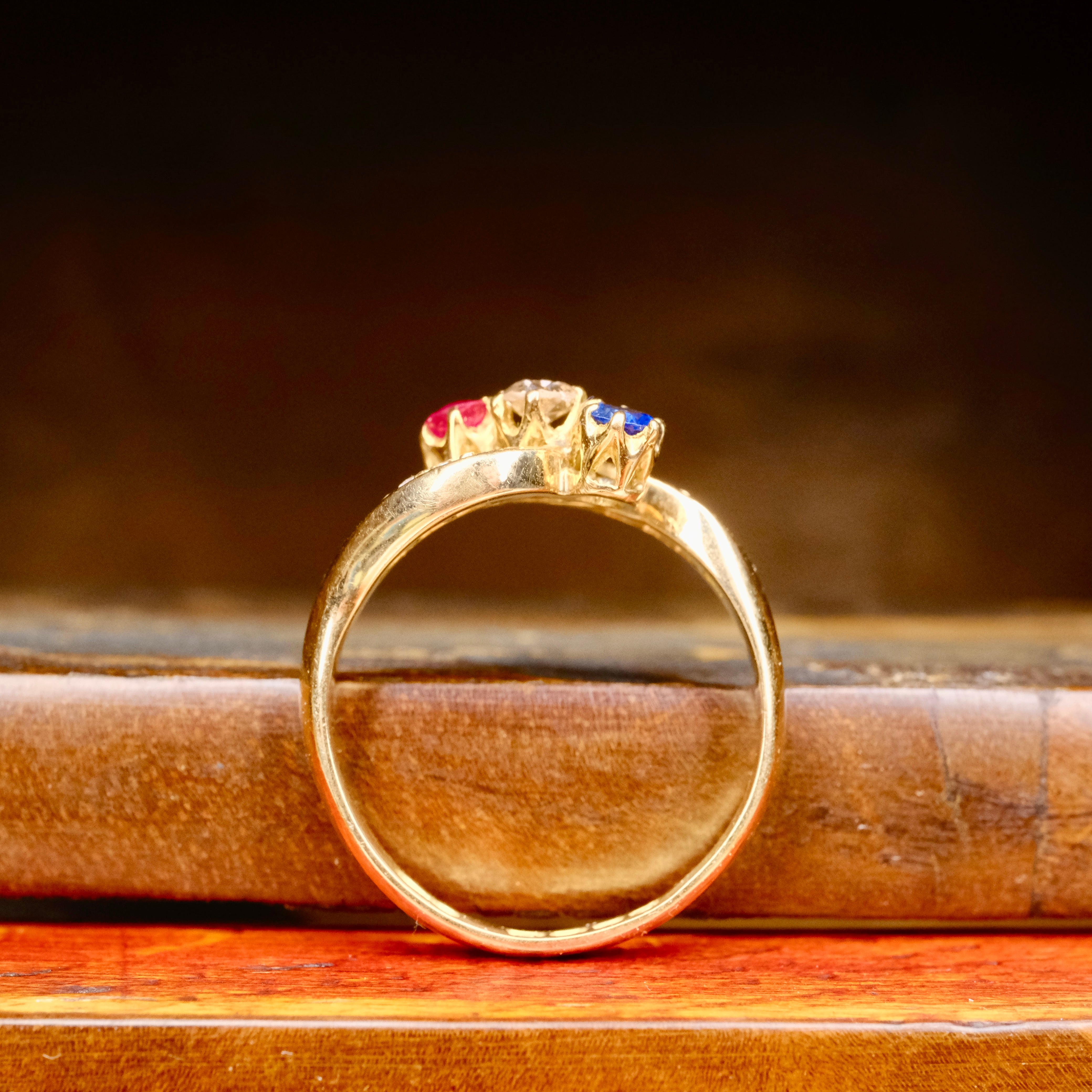 Antique, Edwardian 18ct Gold, Ruby, Sapphire & Old Cut Diamond, Bypass Ring