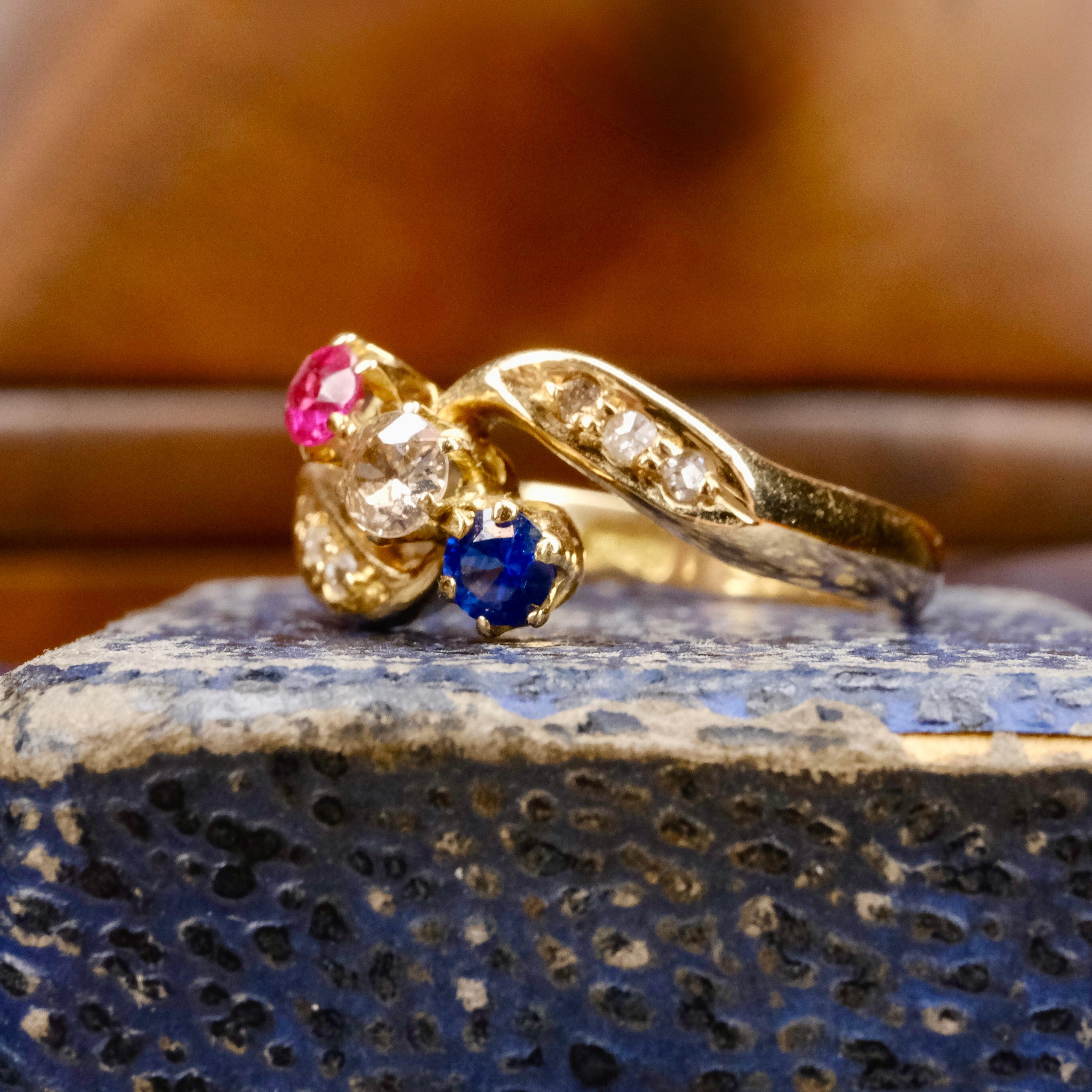 Antique, Edwardian 18ct Gold, Ruby, Sapphire & Old Cut Diamond, Bypass Ring