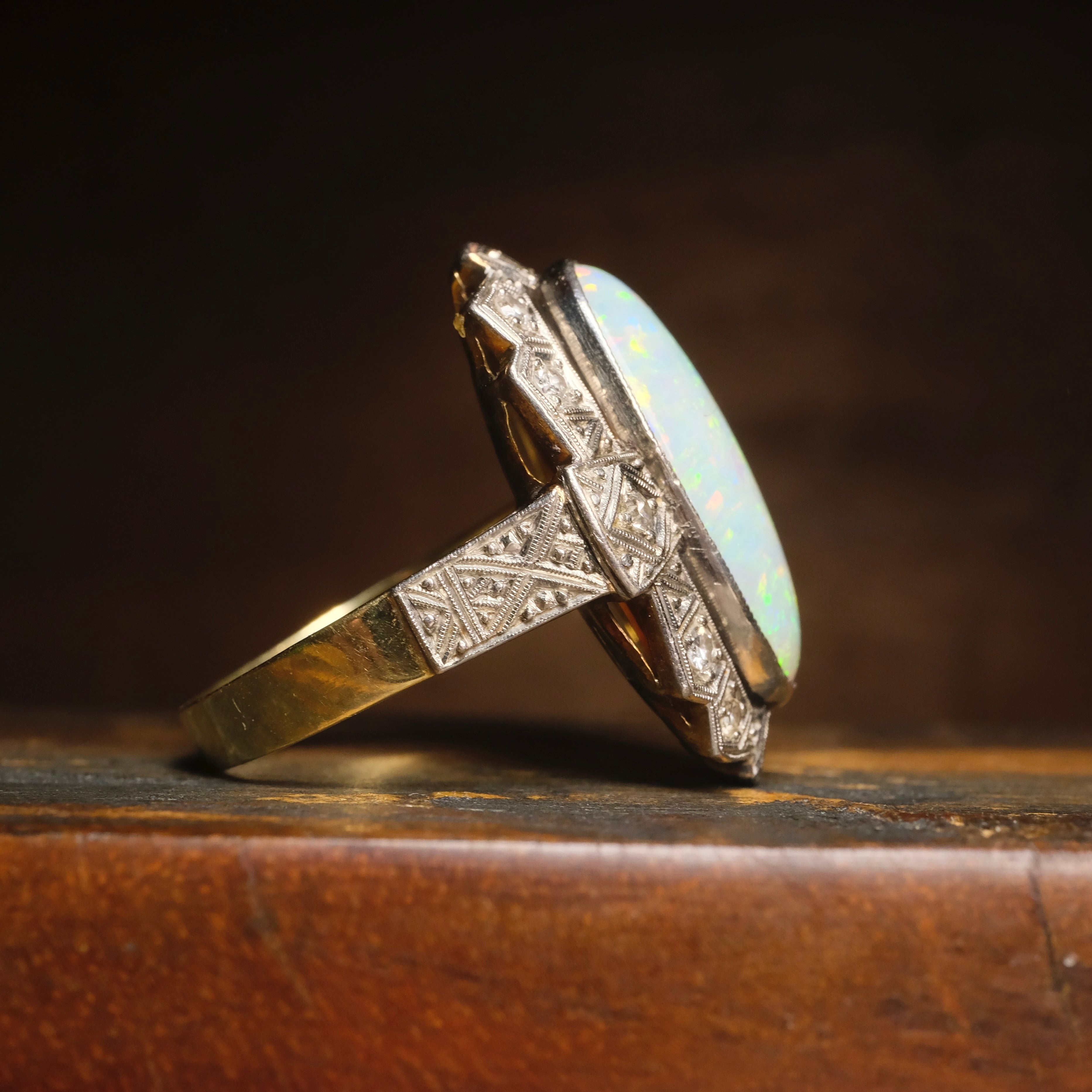 Huge Original Art deco 14ct Gold Opal & Diamond Statement Ring