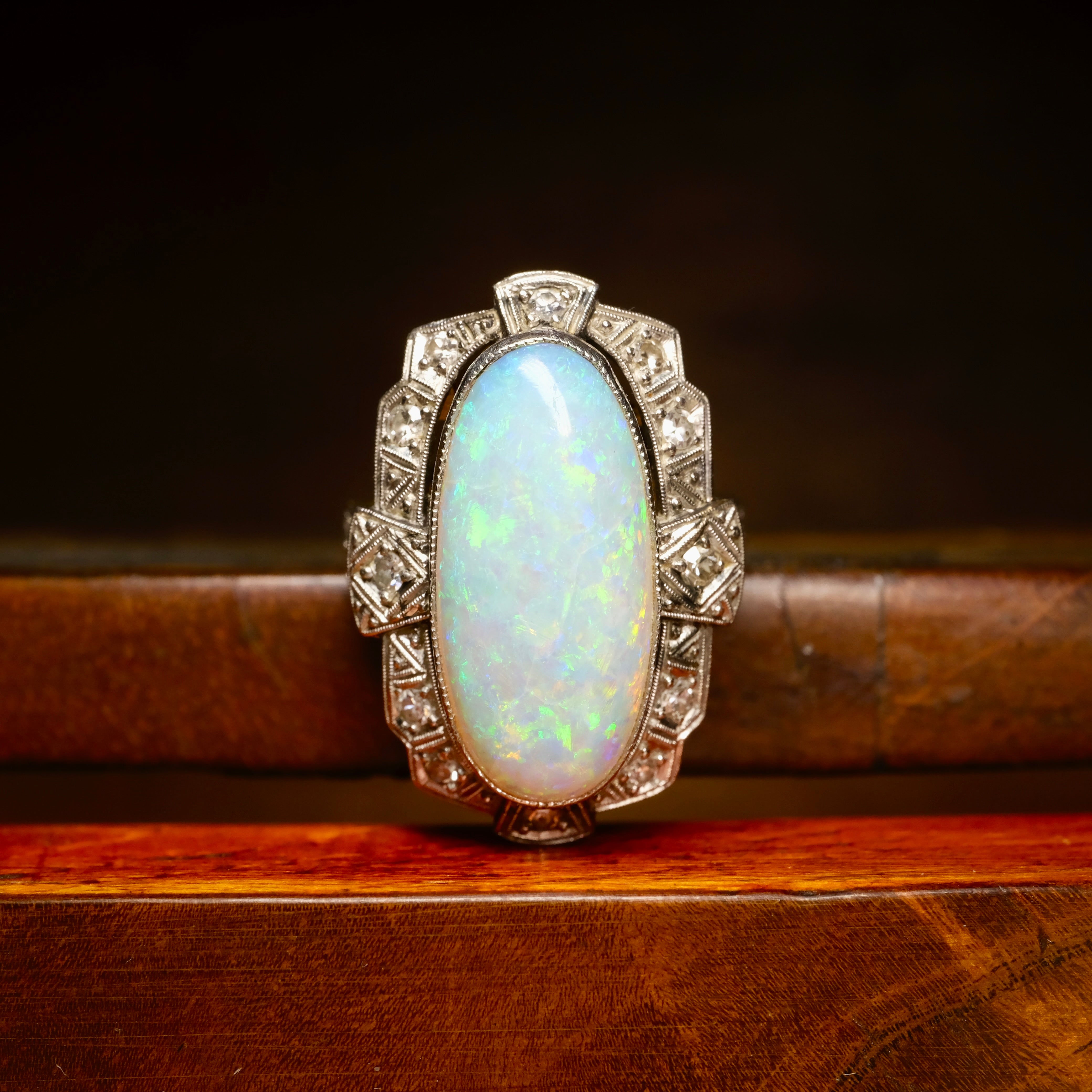 Huge Original Art deco 14ct Gold Opal & Diamond Statement Ring