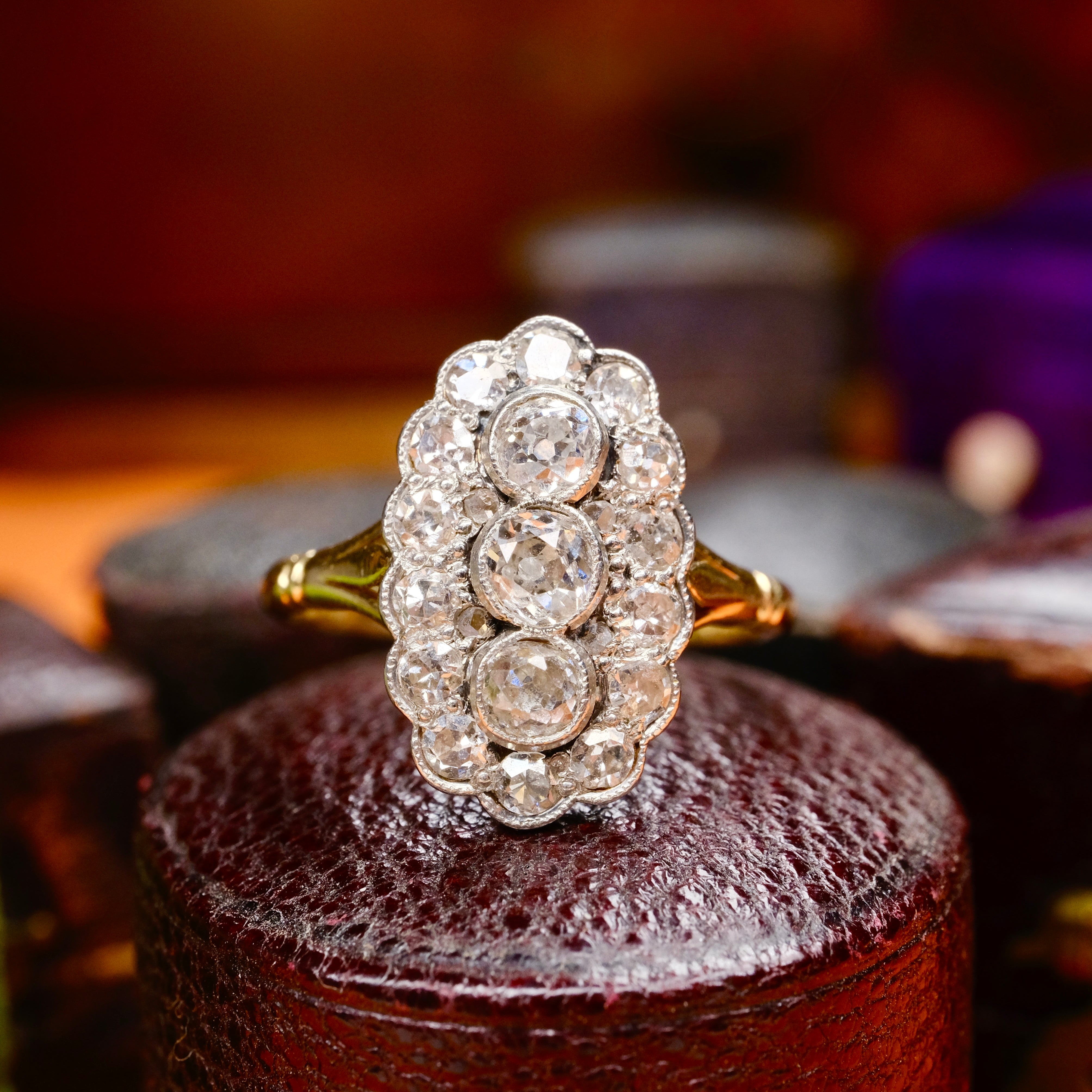 Antique, Edwardian, 18ct Gold & Platinum, Old Cut Diamond, Oval Cluster Ring