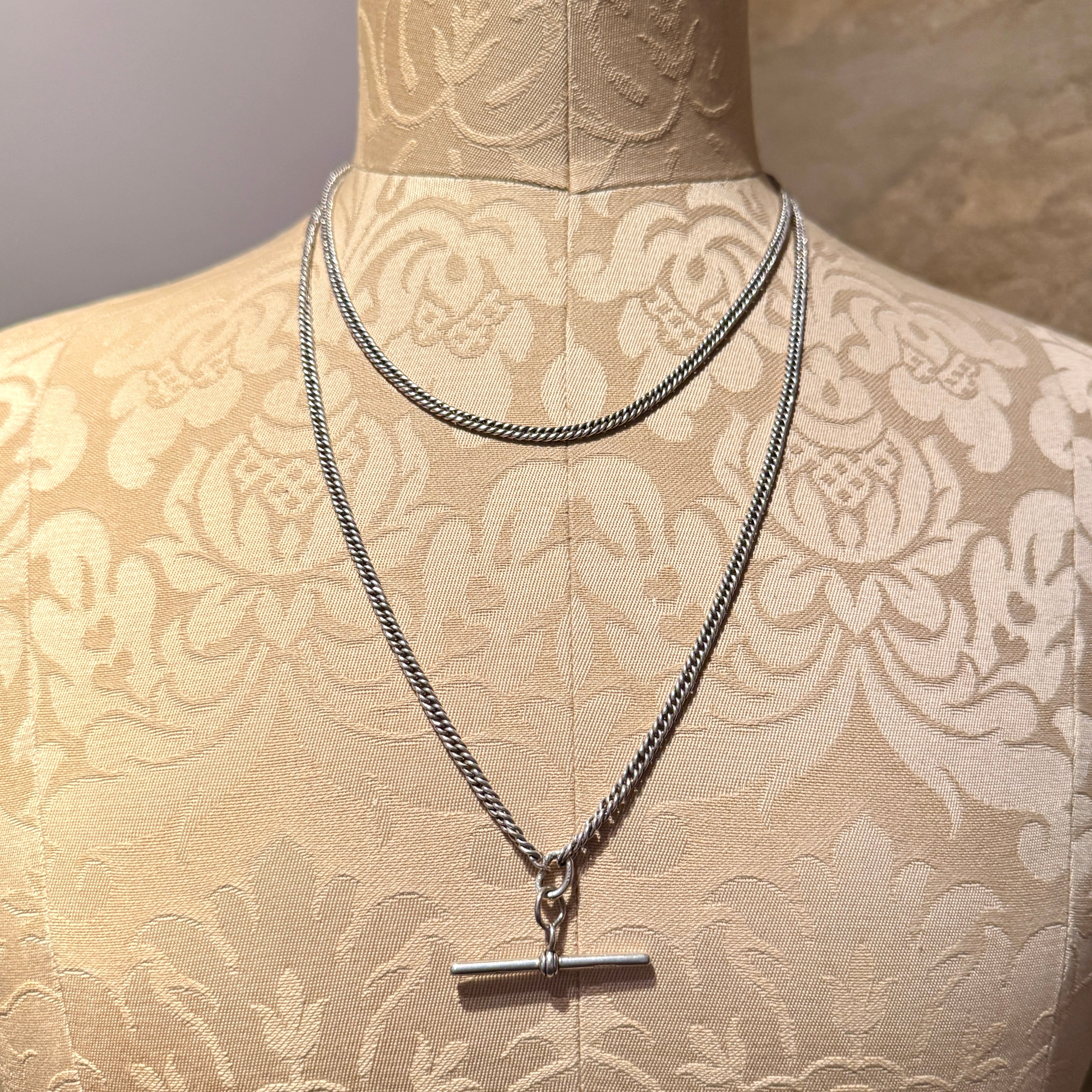 Antique Sterling Silver, Flat Curb Link Guard Chain Necklace