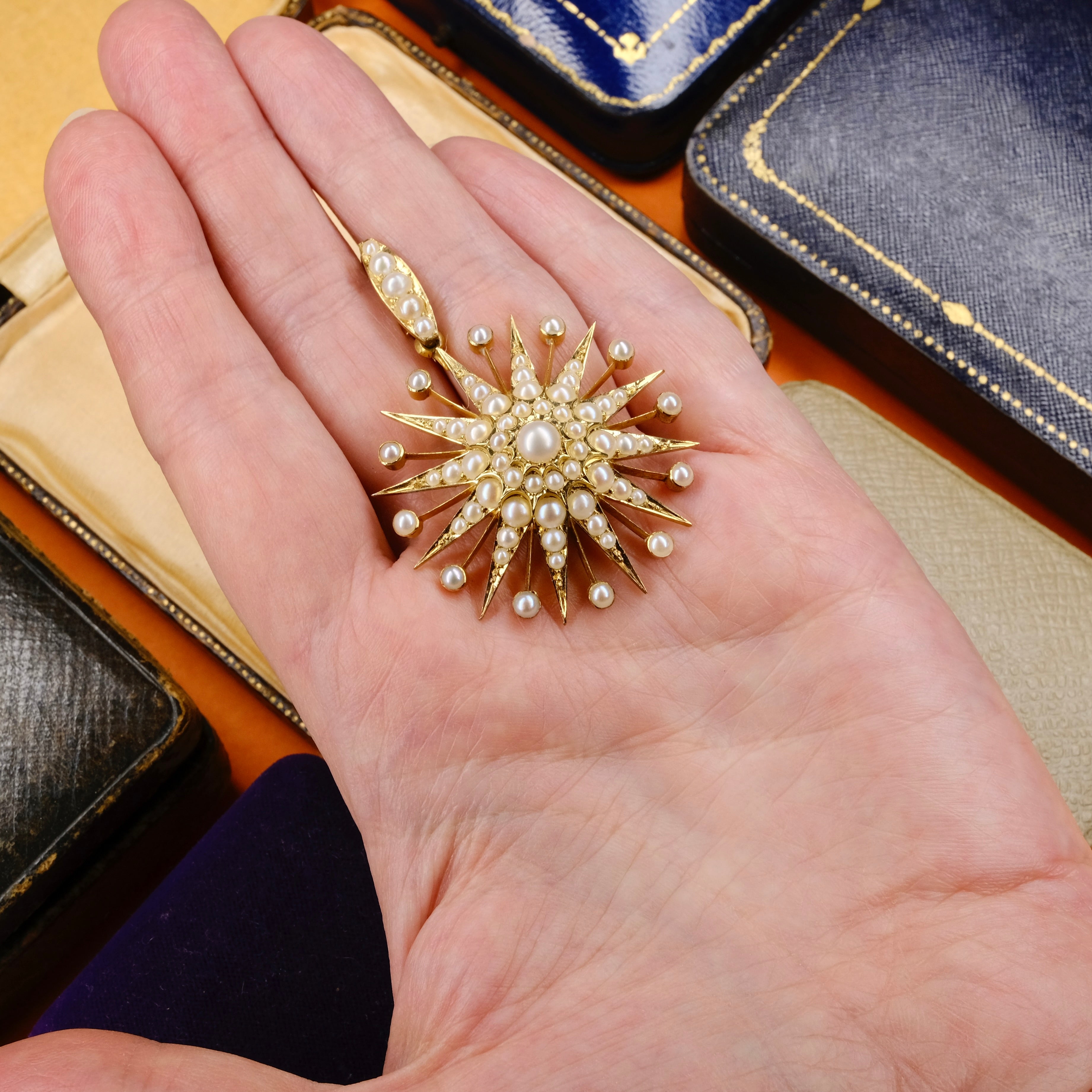 Victorian 15ct Gold & Seed Pearl Starburst Locket Pendant