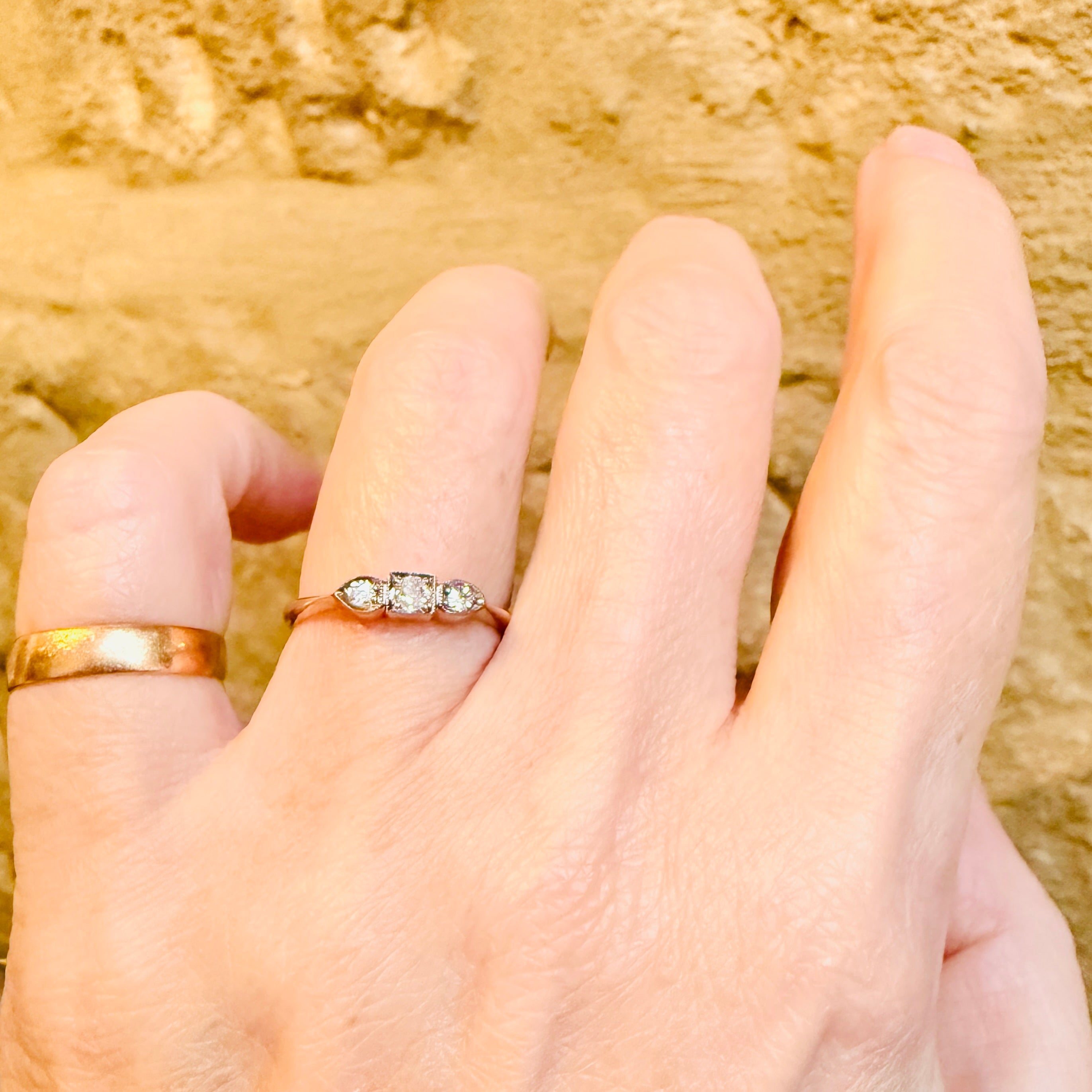 1920s, Art Deco, 18ct Gold, Platinum & Old Cut Diamond, Trilogy Ring